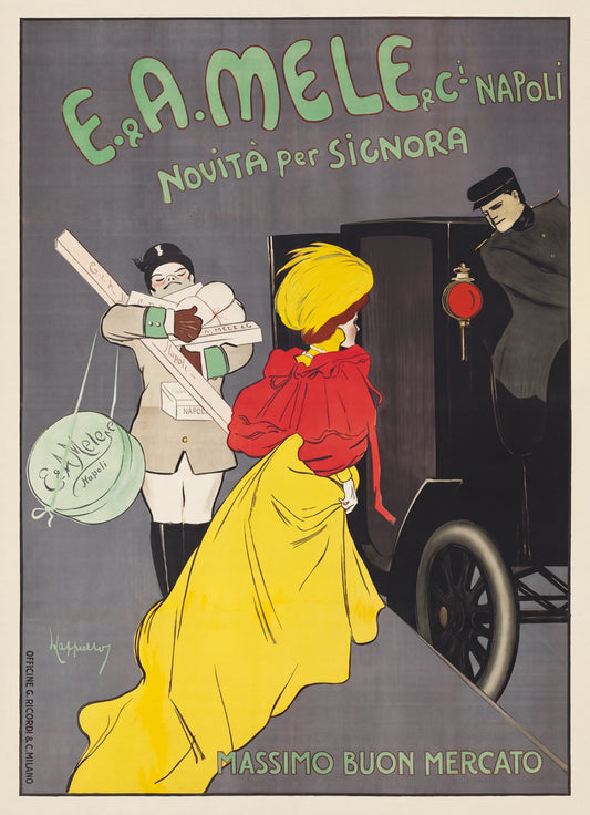 1903 Italian Art Nouveau advertising poster by Cappiello, woman in yellow gown boarding carriage, E. & A. Mele Napoli | The Vintage Poster Archives