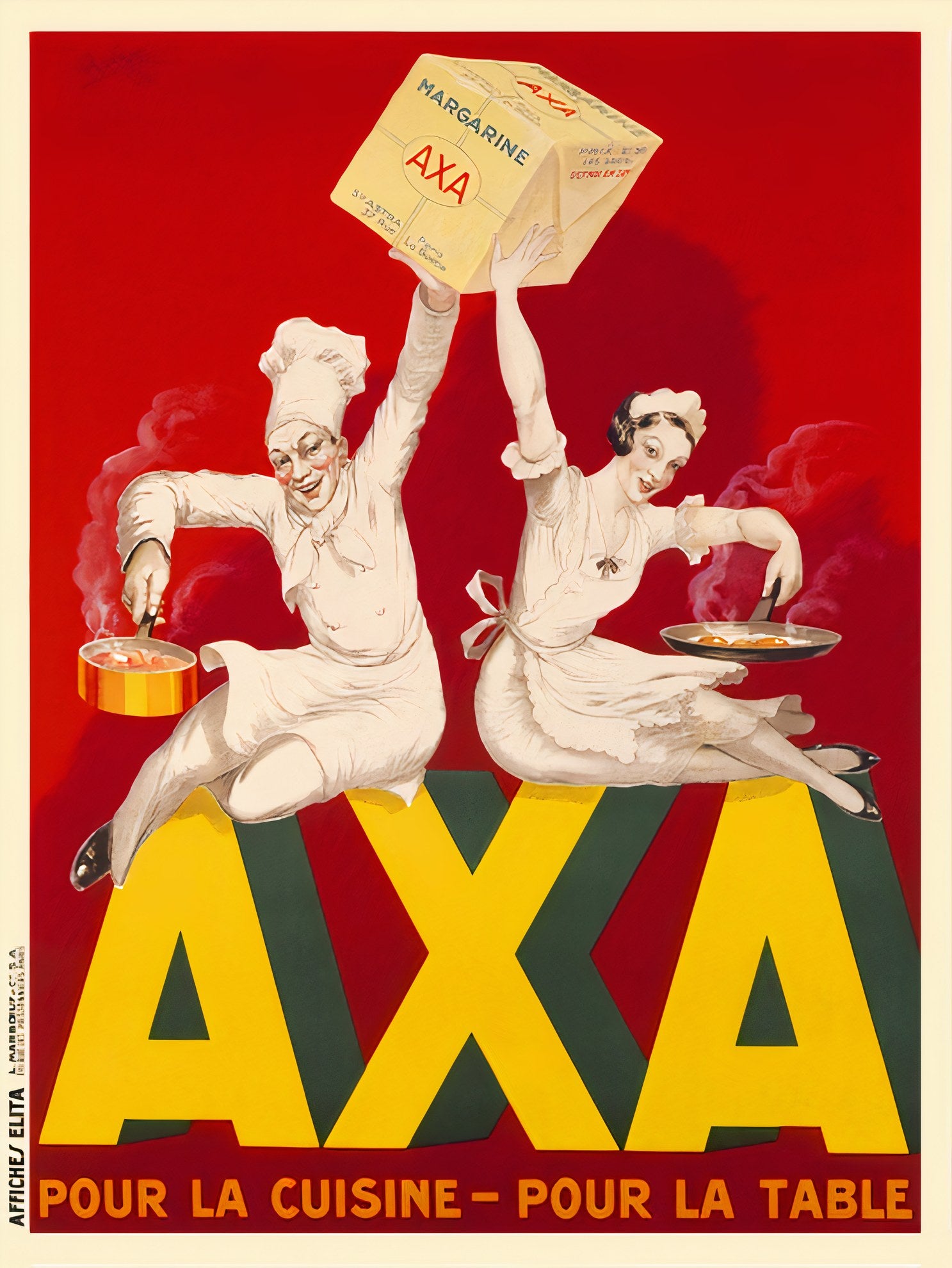 1934 AXA margarine poster showing two dancing chefs in white holding cooking pots and margarine cube, red and yellow palette, Robys