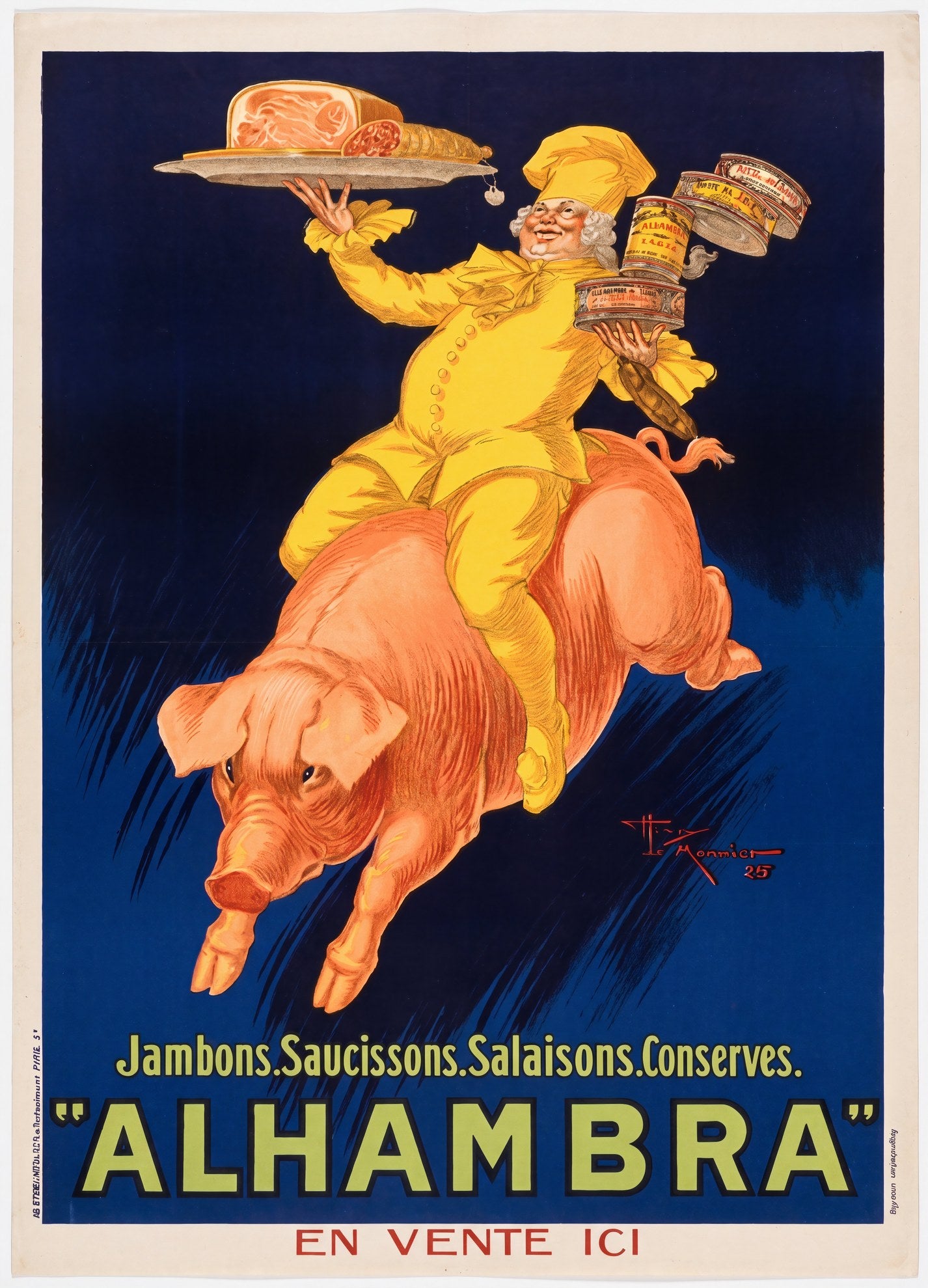 1925 French food poster: yellow chef riding pink pig, ham platter raised, Alhambra brand, navy ground, Le Monnier | The Vintage Poster Archives