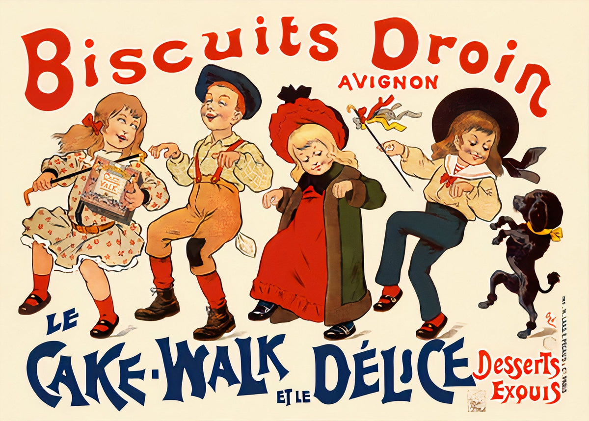1902 French food poster showing four children dancing cake walk with dog, vibrant red and blue lettering, Eugène Ogé design