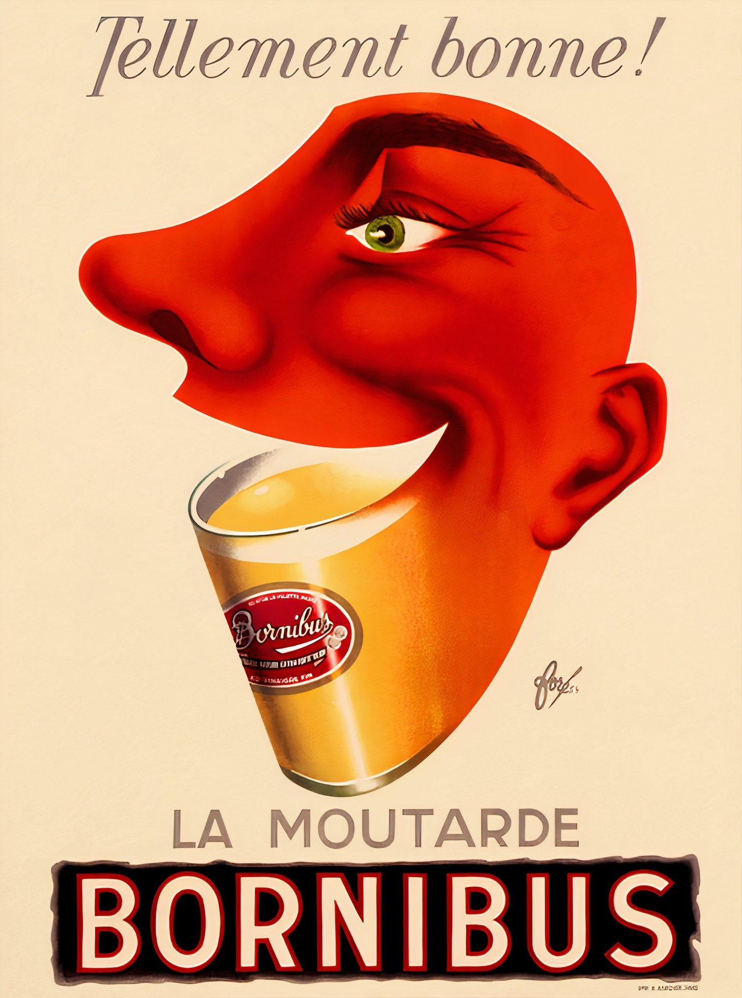 1954 French food poster showing red caricatured face with mustard jar, Bornibus brand advertising, For� design | Vintage Poster Archives
