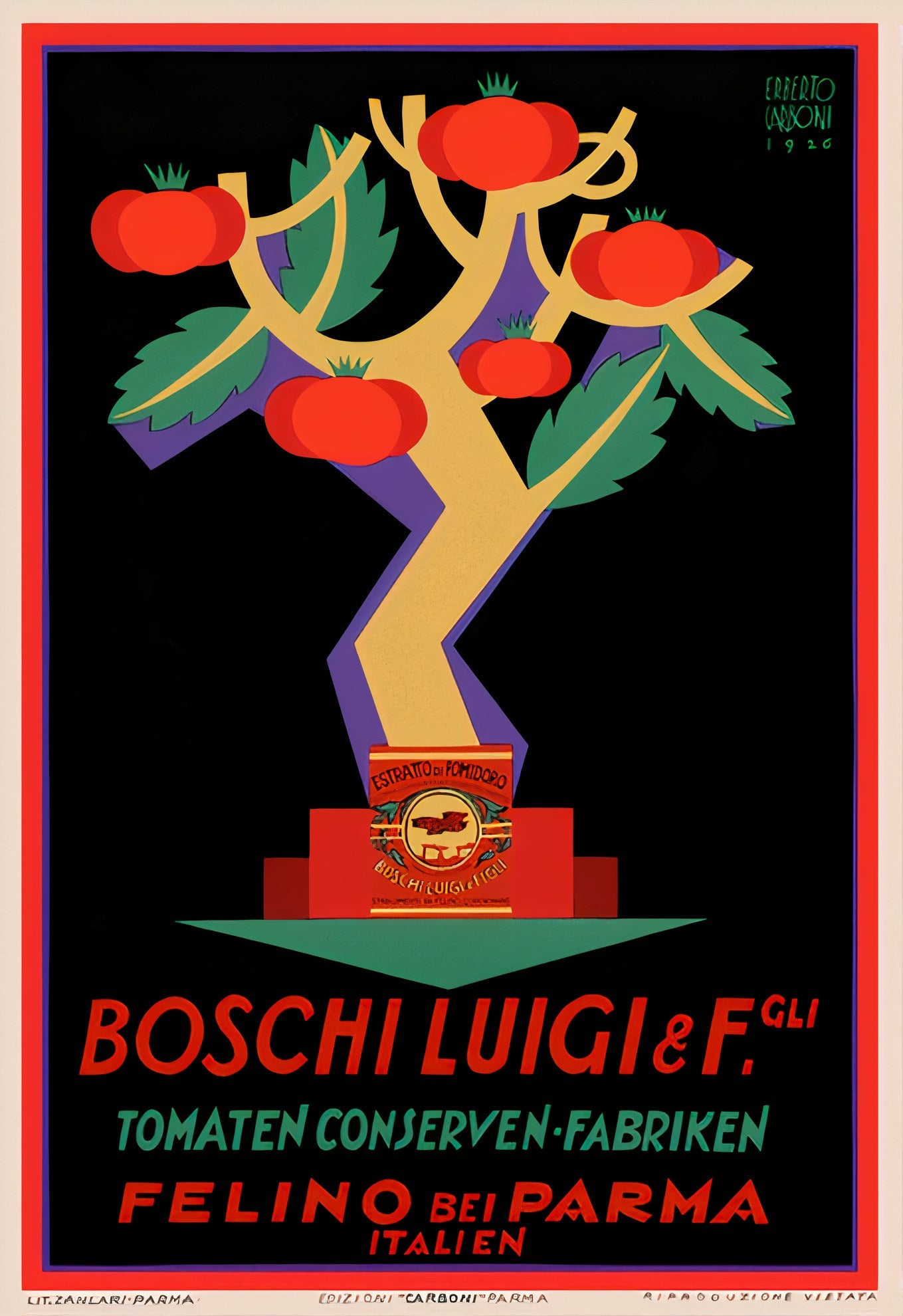 1926 Italian food poster showing stylized tomato tree with red fruit against black background, Erberto Carboni design