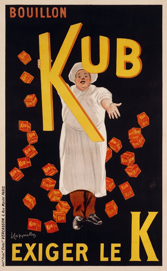 1911 Bouillon Kub food advertising poster showing chef holding giant K, Leonetto Cappiello