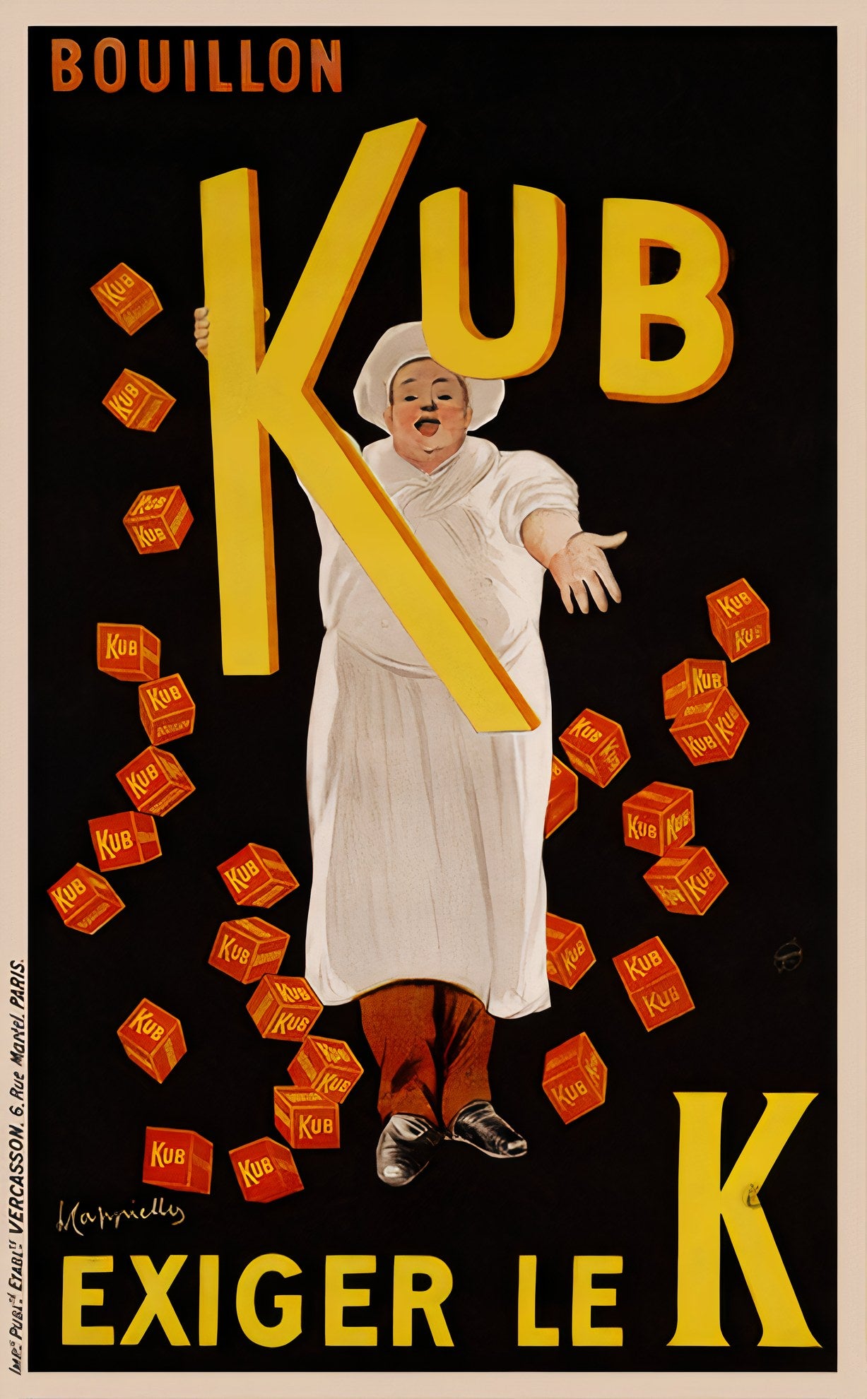 1911 Bouillon Kub food poster showing chef holding yellow K with red bouillon cubes, Leonetto Cappiello