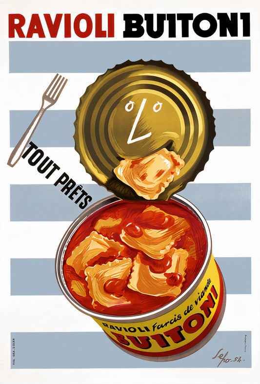 1954 Buitoni ravioli poster showing open tin with smiling lid and tomato sauce, blue striped background, Severo Pozzati Sepo