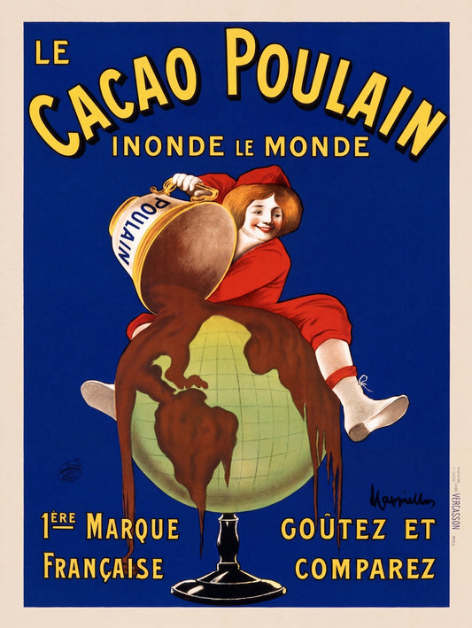 1905 Cacao Poulain Art Nouveau chocolate poster showing girl with globe, Leonetto Cappiello