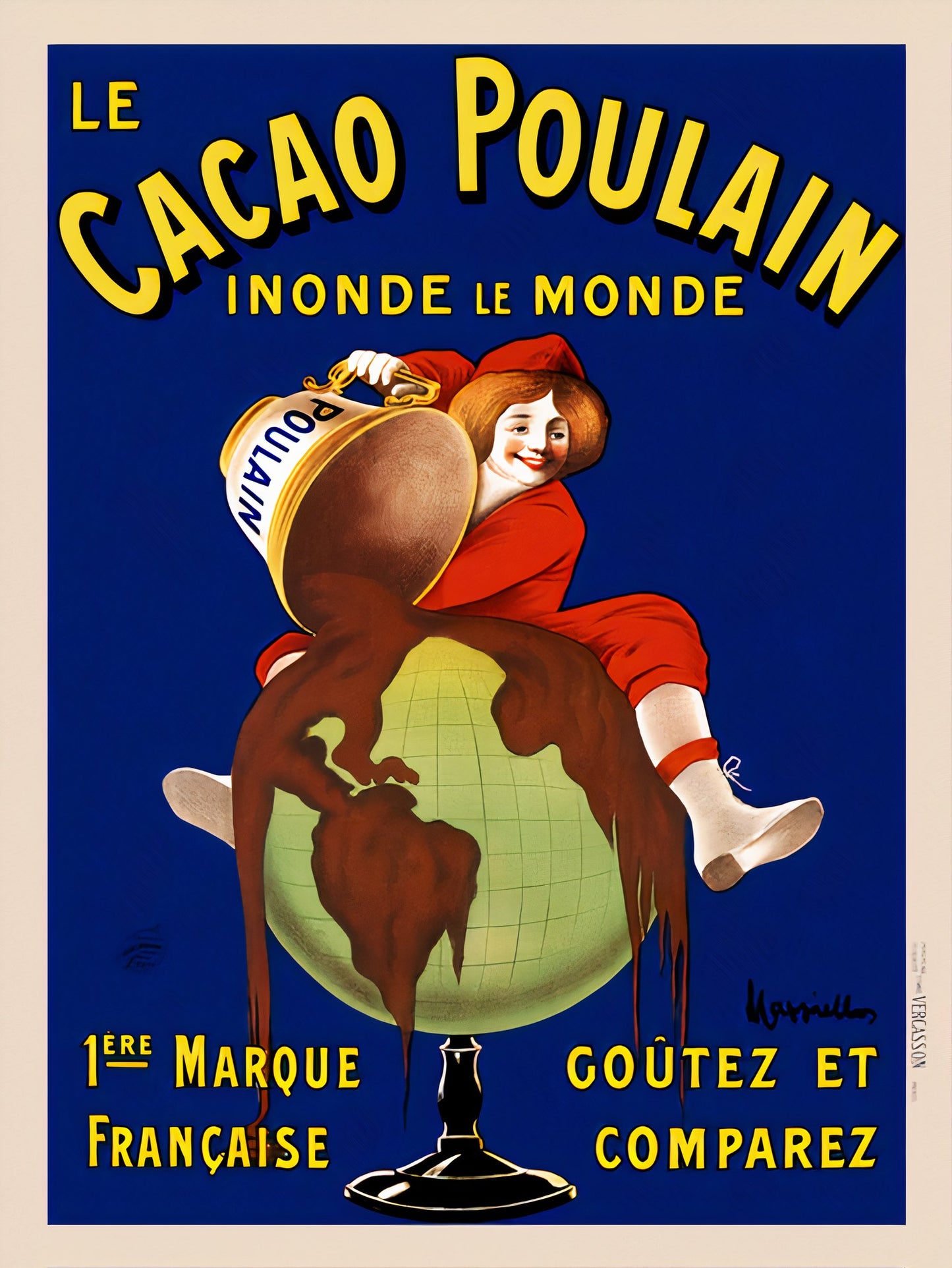1905 Cacao Poulain advertising poster by Leonetto Cappiello showing child in red pouring chocolate over globe, blue and yellow