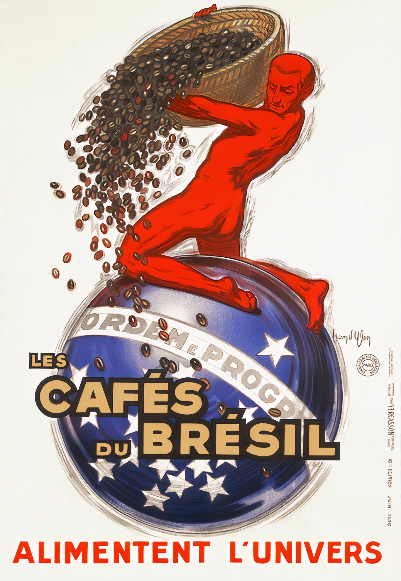 1932 Cappiello coffee poster showing red figure pouring beans over blue globe, bold yellow and red lettering | The Vintage Poster Archives