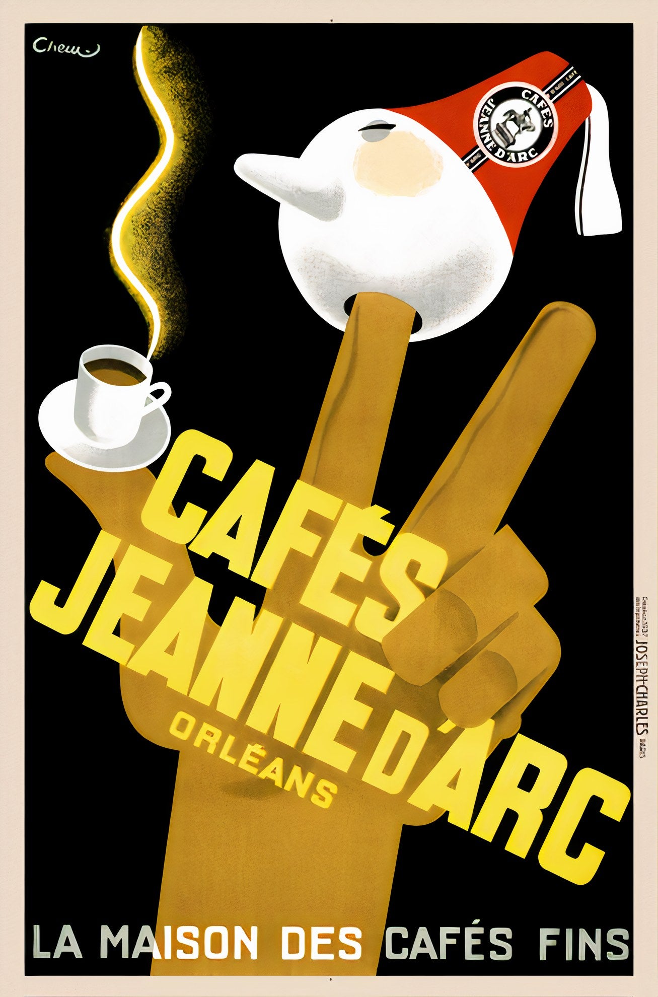 1937 French coffee poster showing giant hand with coffee cup and fez-hatted figure, black and yellow Art Deco design, Carl Chew