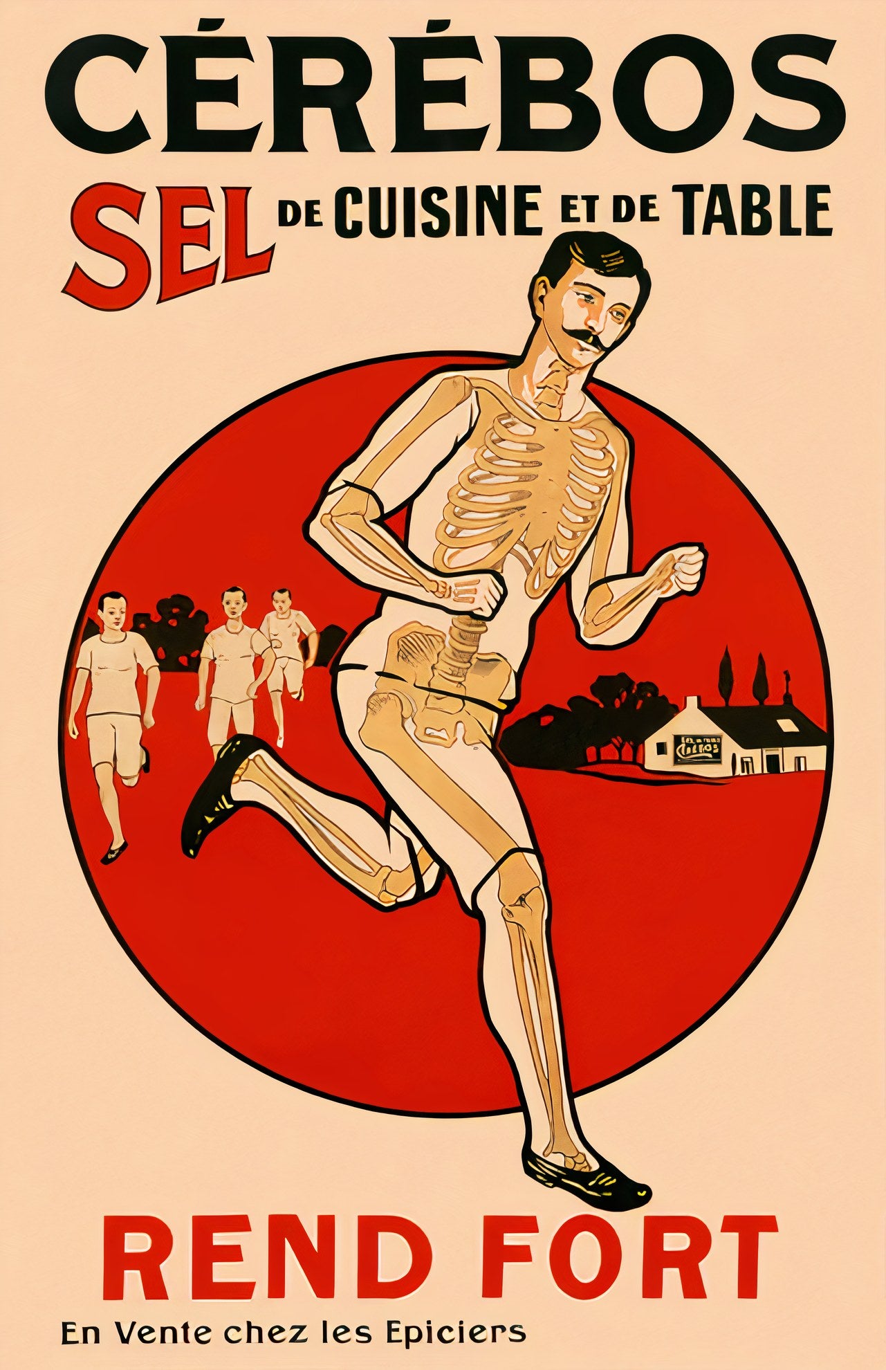 1900s French Cerebos salt poster showing skeleton runner against red circle, Belle �poque advertising lithograph