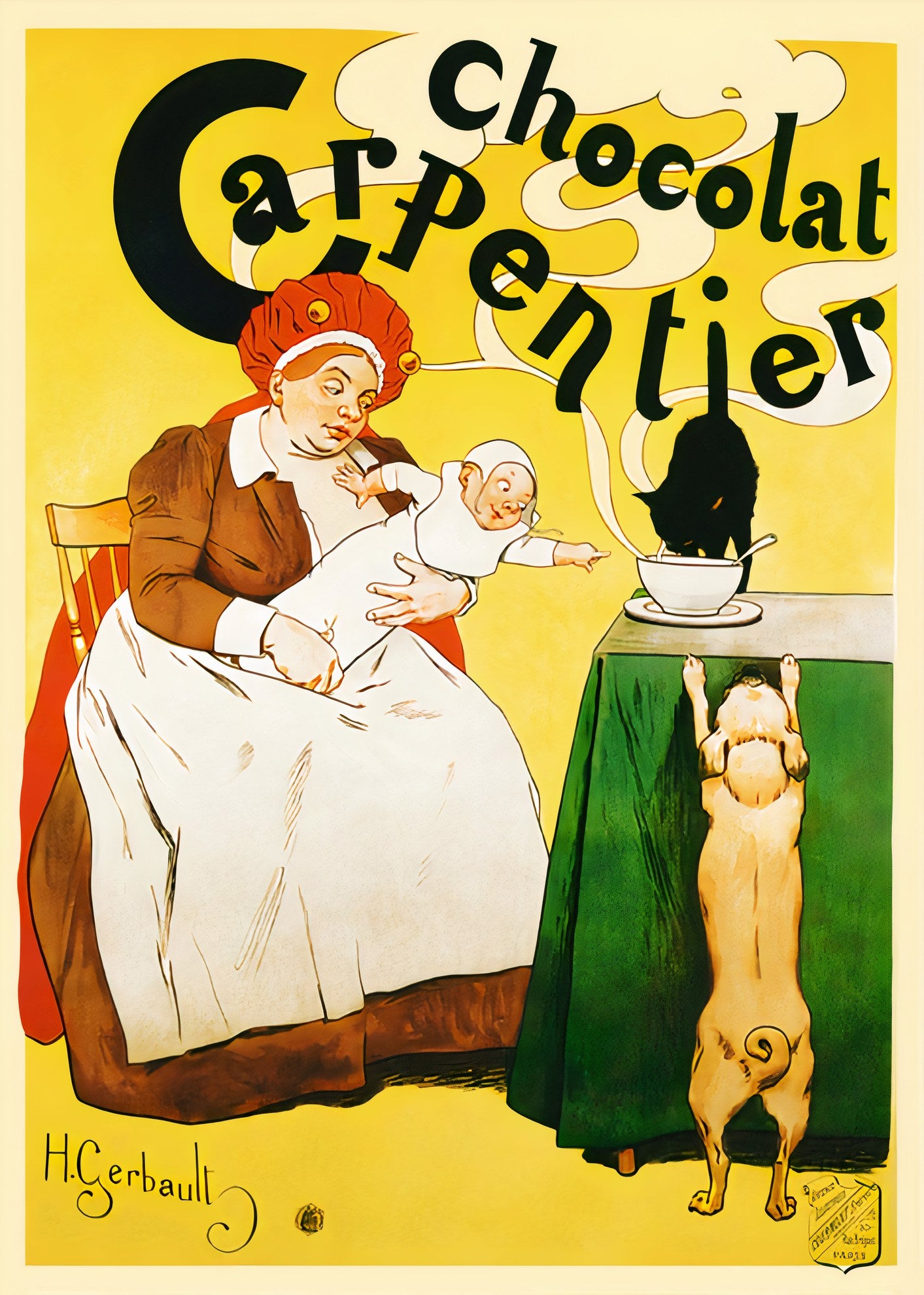 1897 Chocolat Carpentier poster showing nurse with baby reaching for chocolate cup, black cat drinking, white dog stretching up, Henri Gerbault