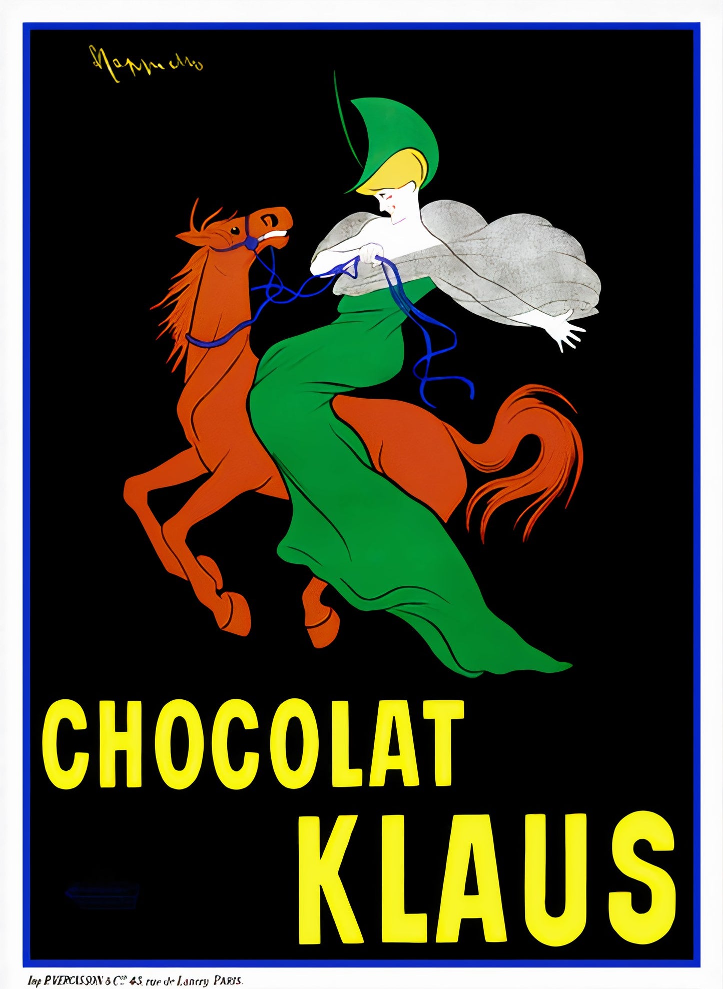 1903 Chocolat Klaus chocolate poster showing woman in green dress riding orange horse, yellow text, Leonetto Cappiello