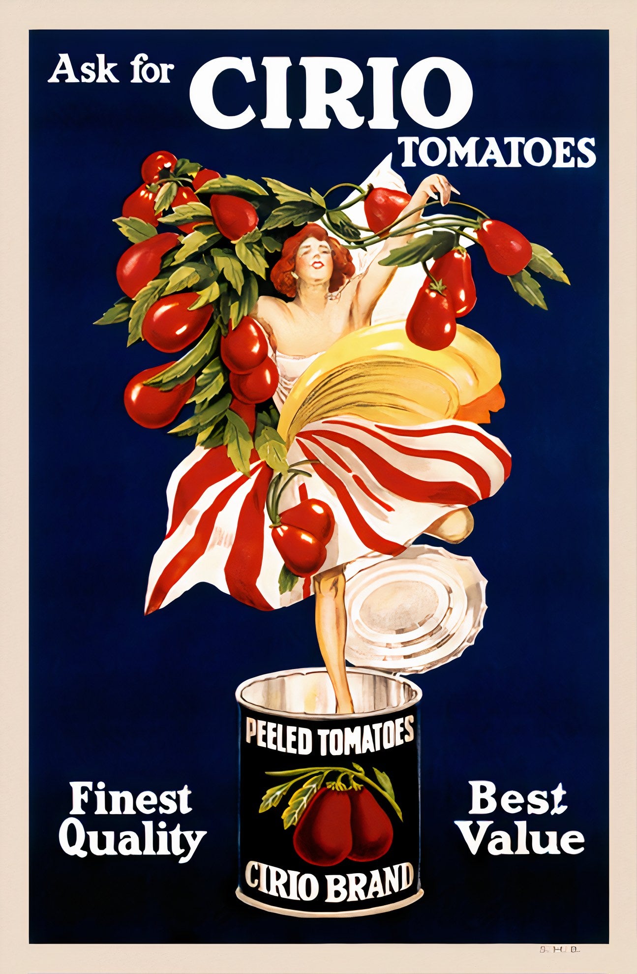 1921 Cirio tomatoes poster showing woman in striped dress emerging from can, deep blue background, Leonetto Cappiello