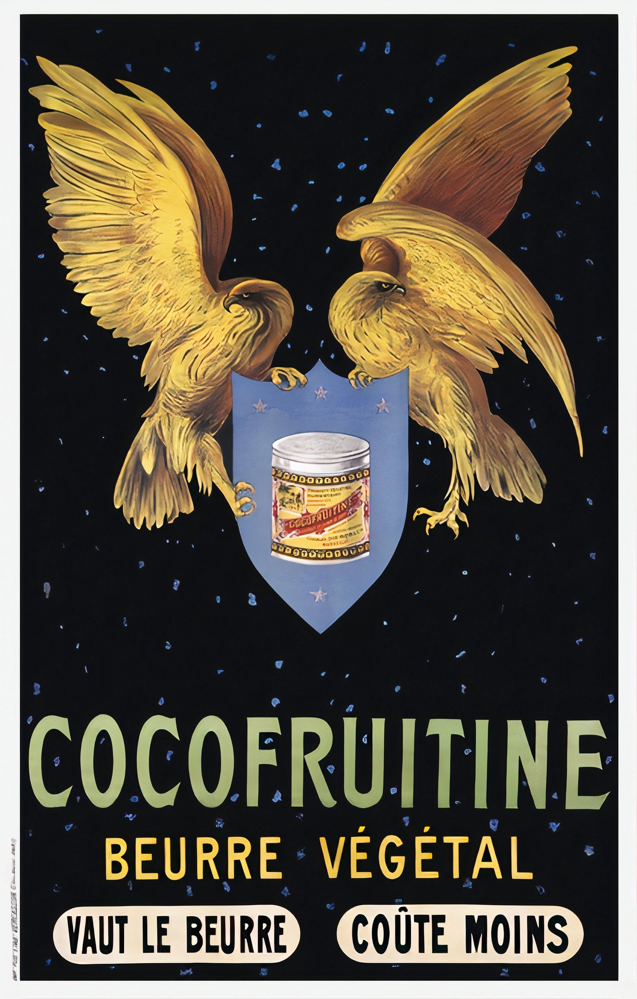 1900s French food poster showing two golden eagles flanking heraldic shield for Cocofruitine vegetable butter, Art Nouveau style