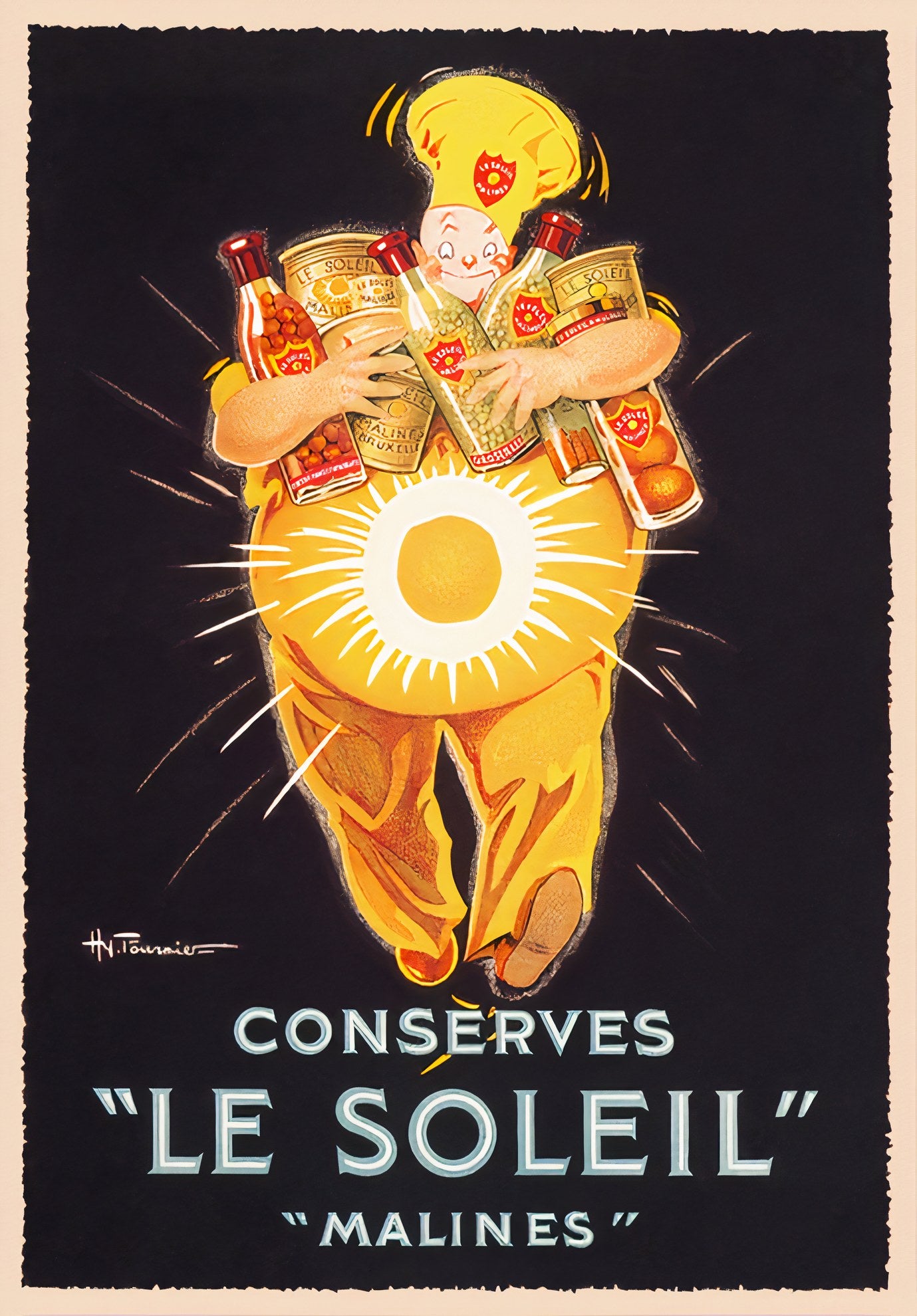 1920s French food poster showing cheerful chef in yellow with sun belly holding Le Soleil conserves, Henry Fournier