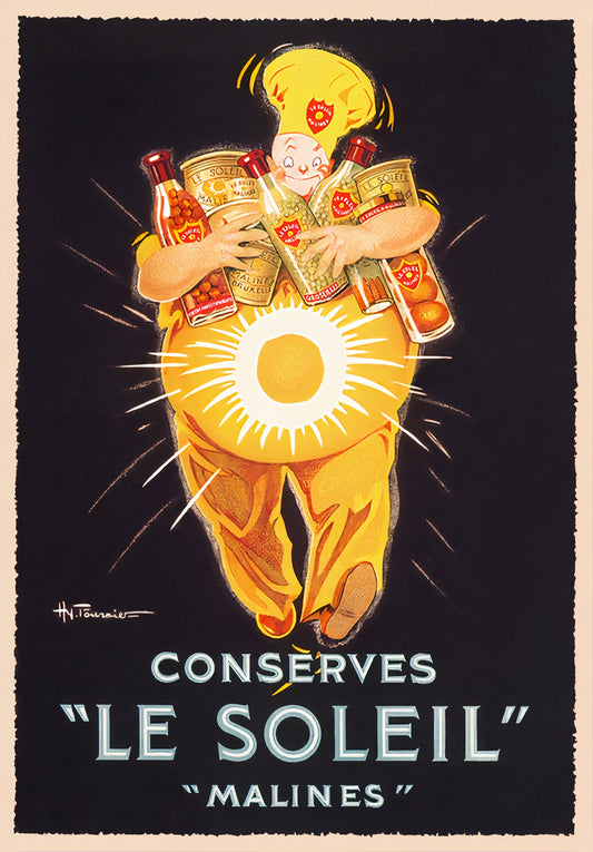 1920s French food poster showing cheerful chef in yellow with sun belly holding Le Soleil conserves, Henry Fournier