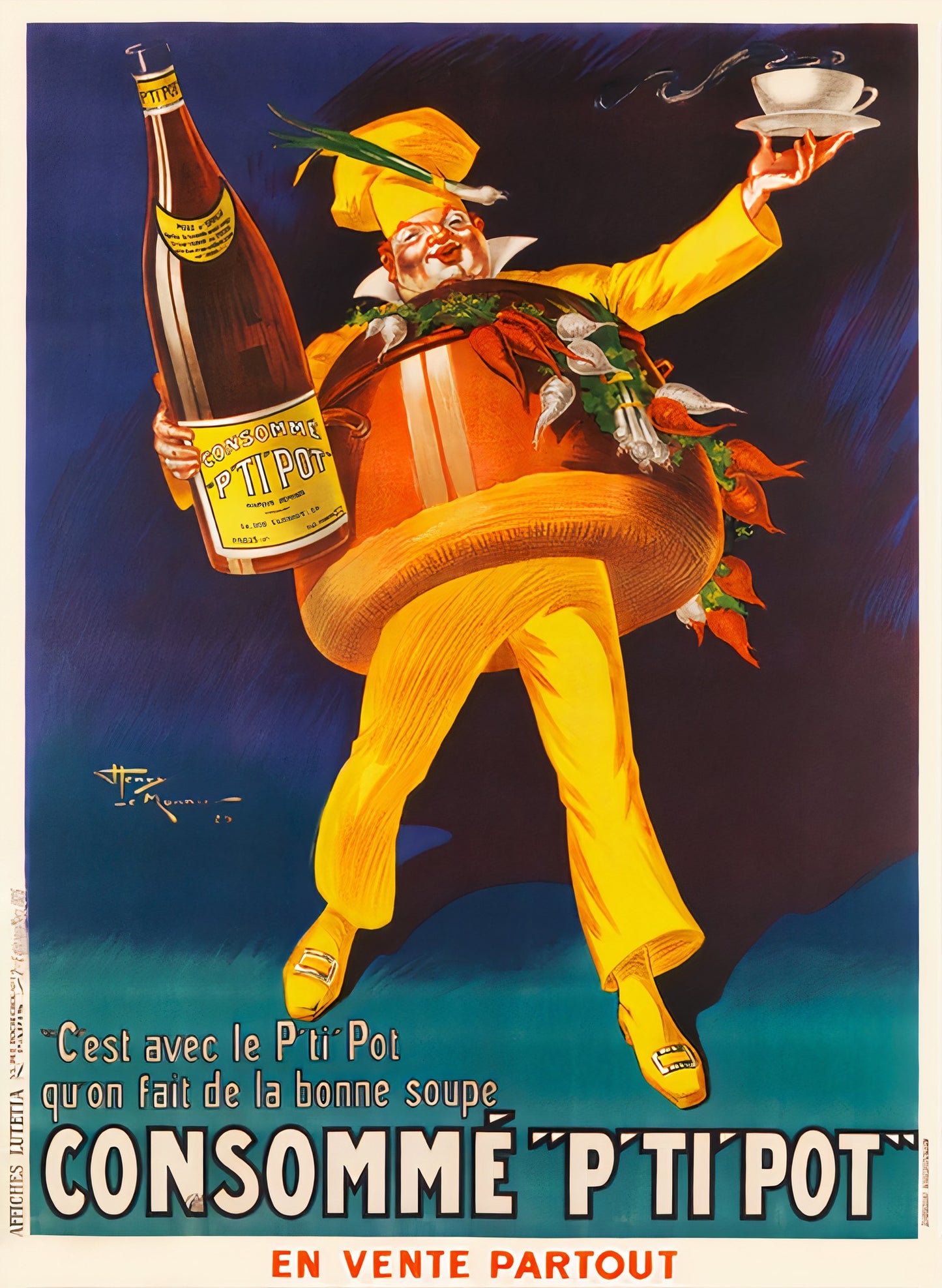 1926 French food poster showing chef in yellow with consomm� bottle, vegetables around pot-shaped body, Henry Le Monnier