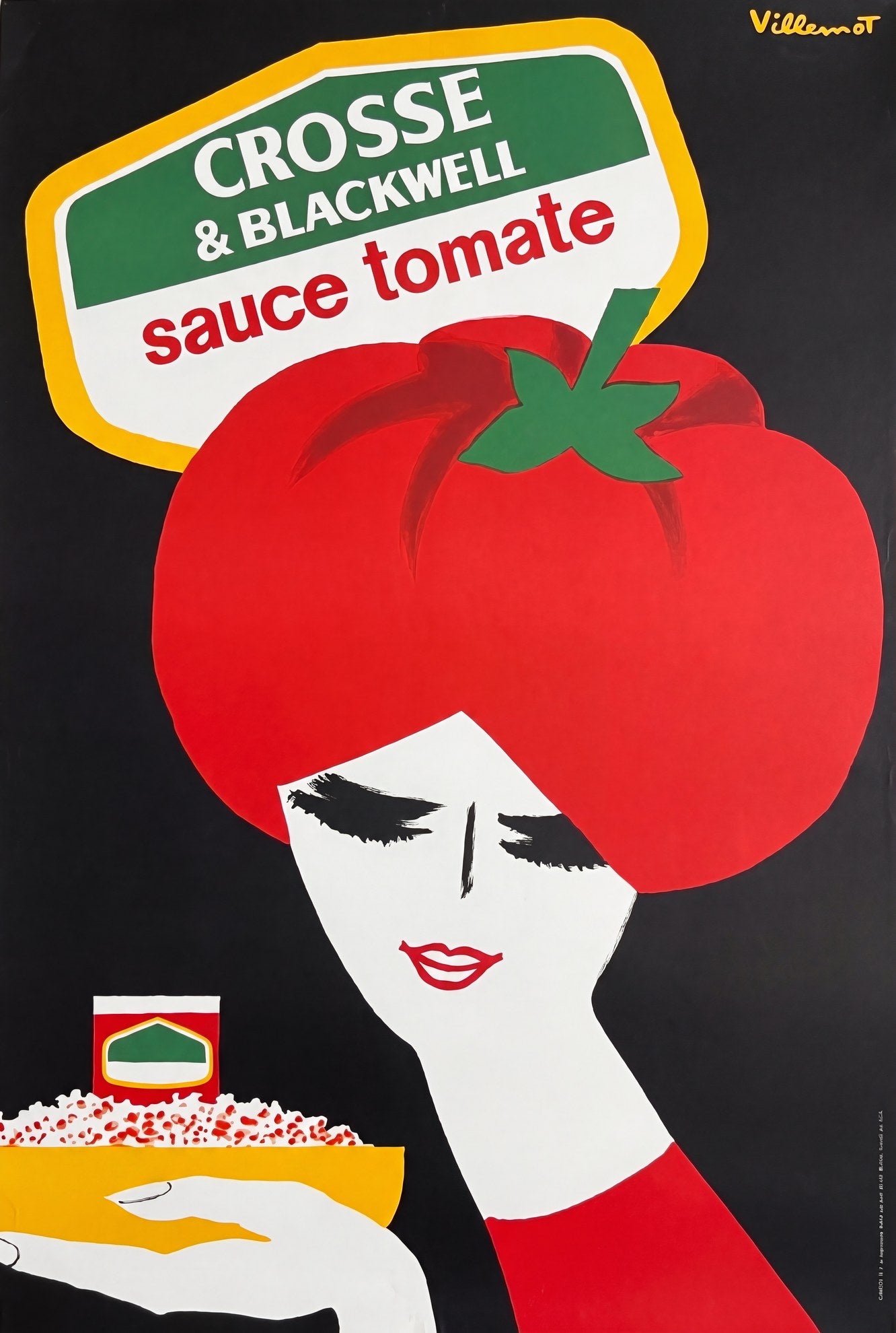 1981 Crosse & Blackwell sauce tomate poster, woman with tomato hair, black ground, red and white, Villemot | The Vintage Poster Archives