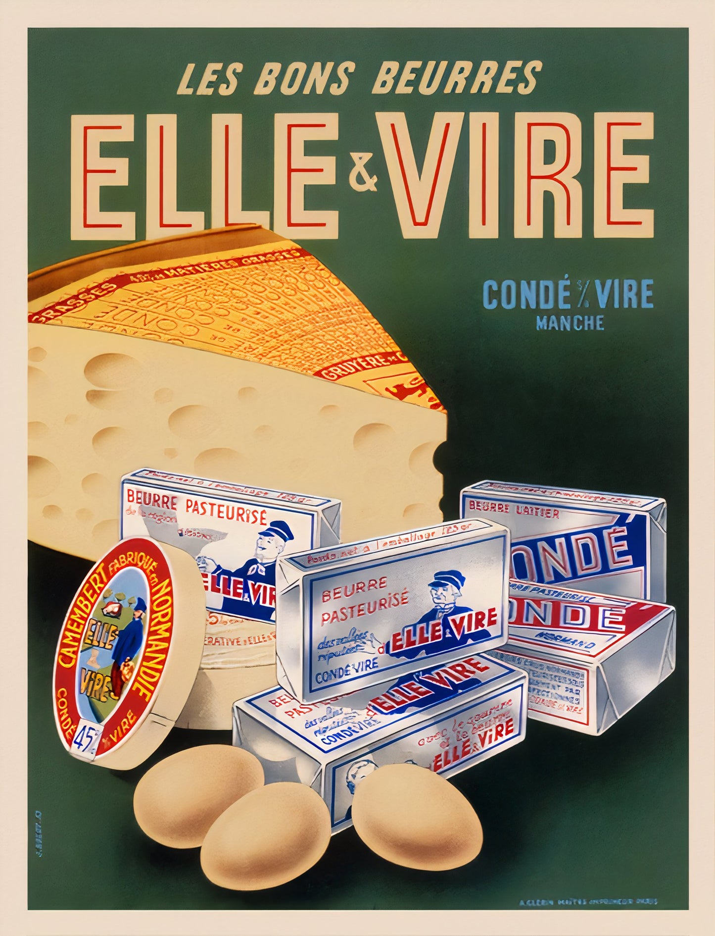1953 Elle & Vire French dairy poster showing cheese wheel and butter boxes on green background, J. Bolot design