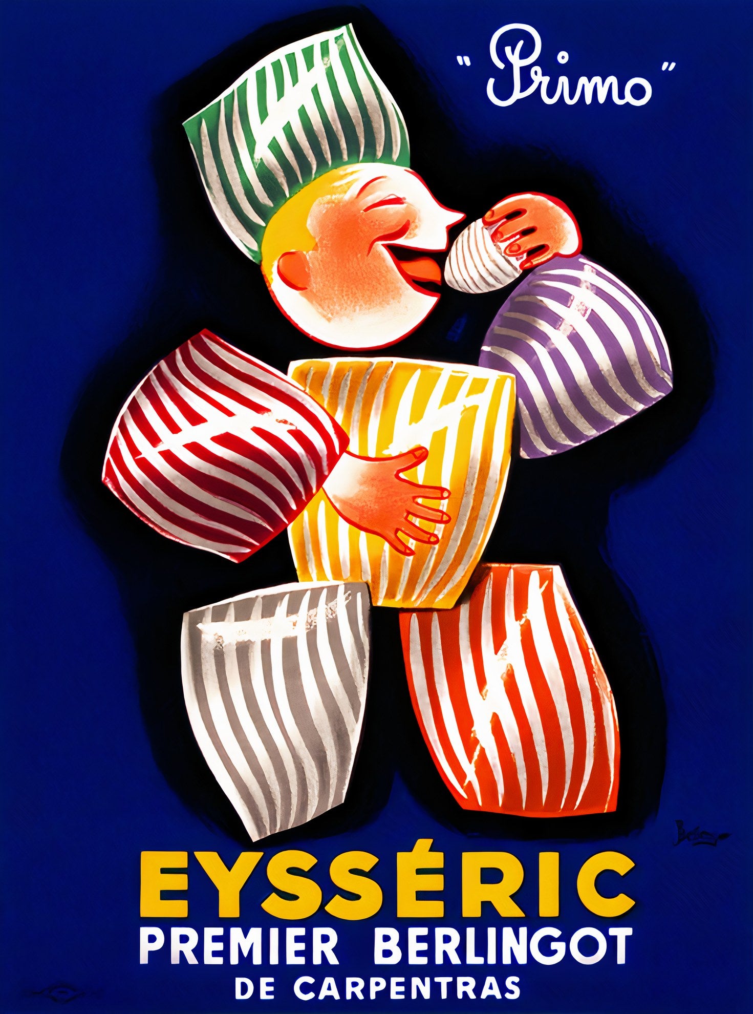 1950s French candy poster showing cheerful figure in striped clothing holding colorful berlingot sweets, Jacques Bellenger | VPA