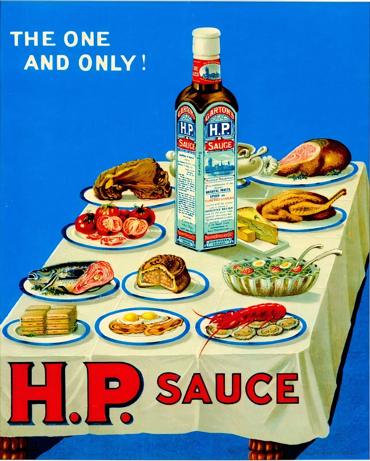 1950s HP Sauce food advertising poster showing feast table of dishes with The One and Only slogan
