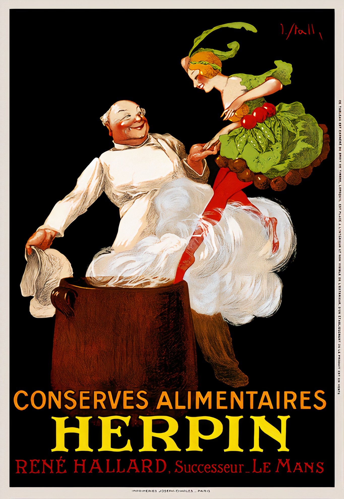 1925 French food poster showing chef helping vegetable-dressed woman into cooking pot, black background with yellow text, Joseph Stall