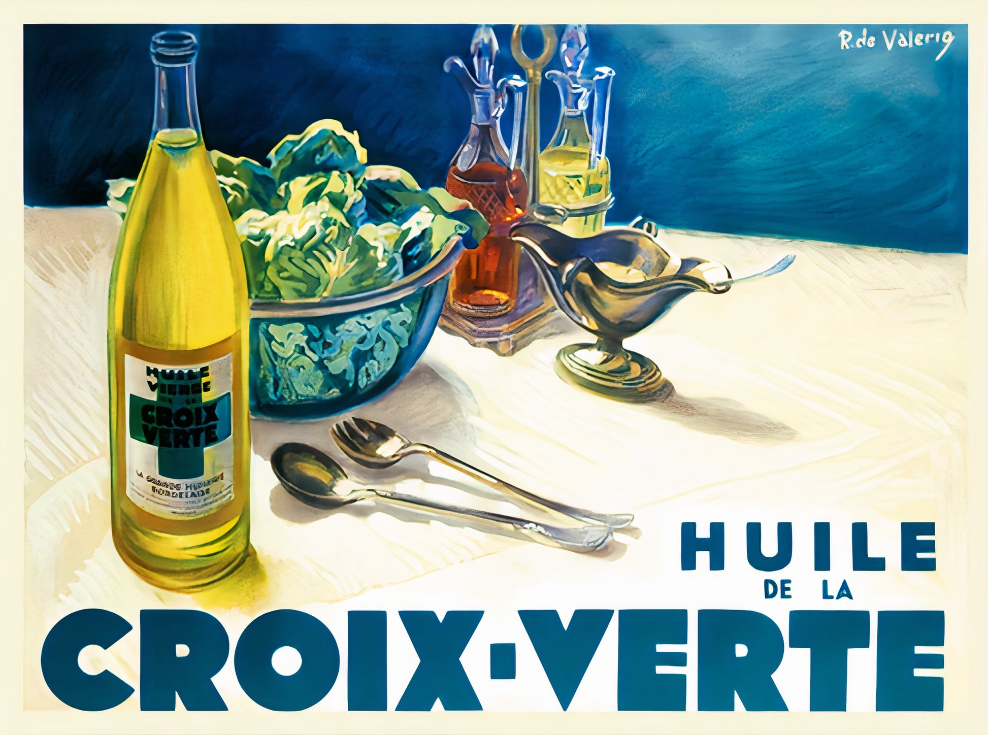 1932 French olive oil poster showing golden bottle, fresh lettuce bowl, elegant cruets, blue background, Roger de Valerio