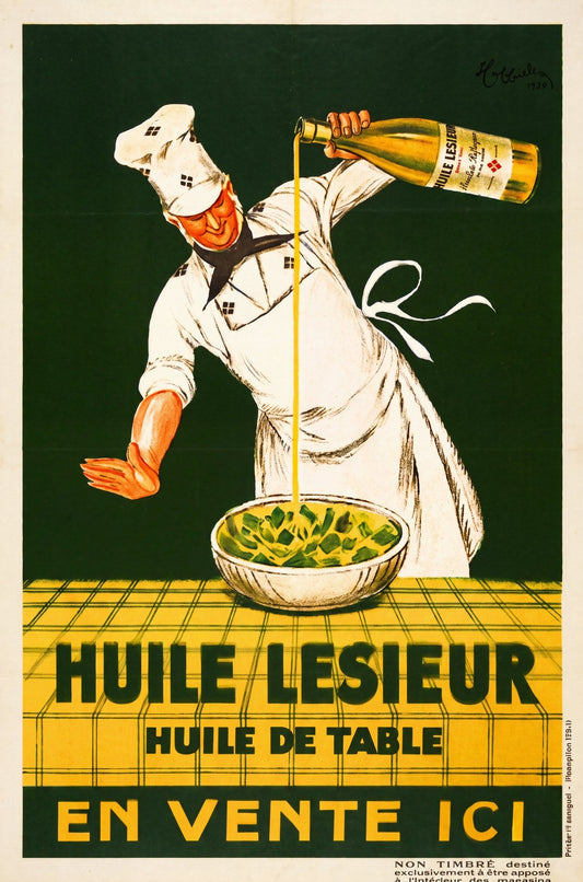 1930 Huile Lesieur French oil advertising poster showing chef with salad bowl, Leonetto Cappiello