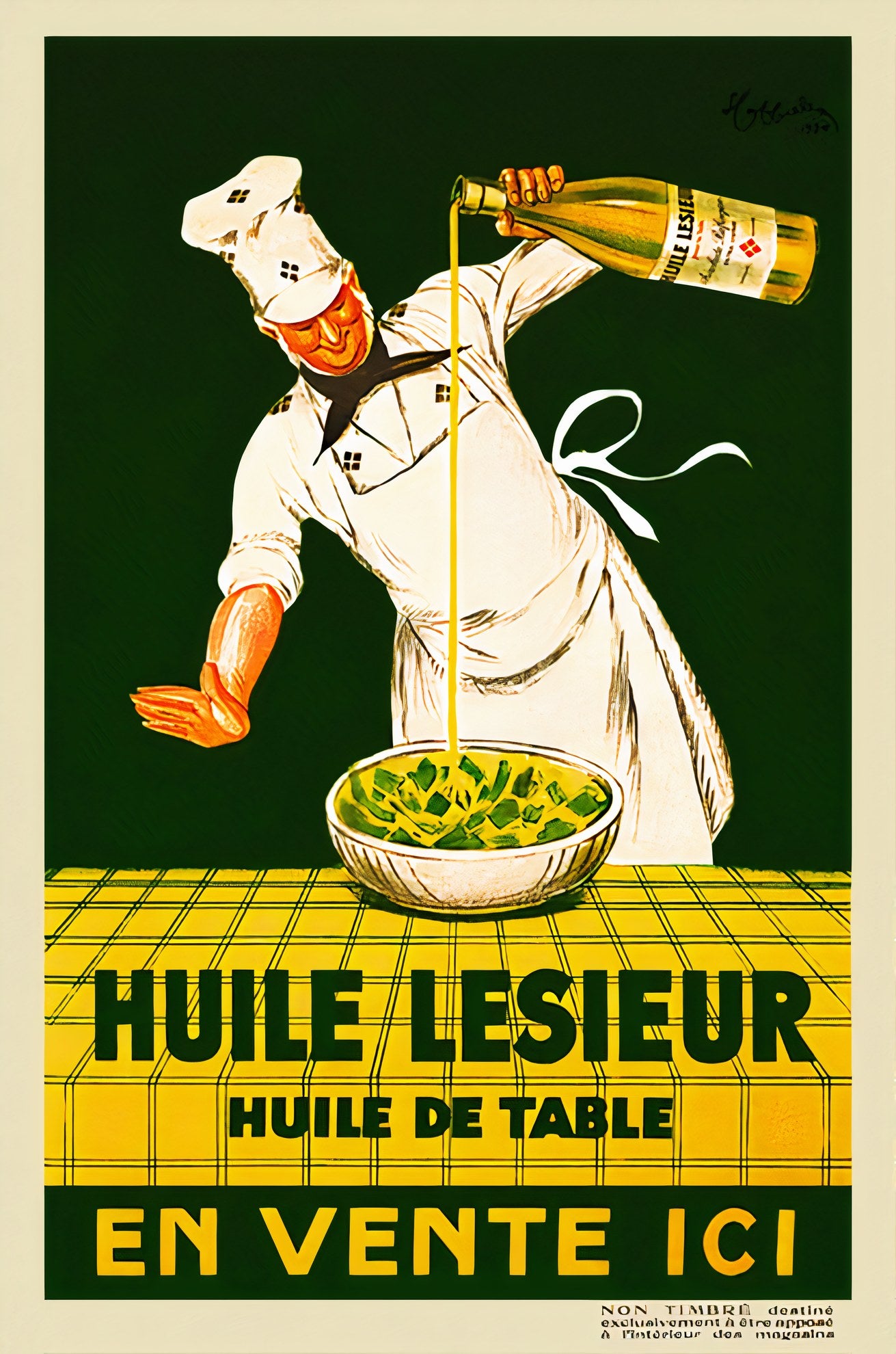 1930s French food poster showing chef in white uniform pouring golden oil into salad bowl, green background, Leonetto Cappiello