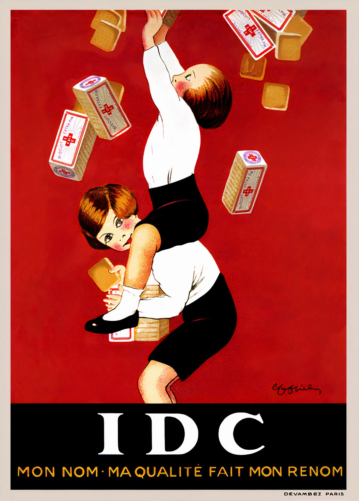 1920 IDC biscuits poster showing circus children catching falling boxes, red background, Leonetto Cappiello | Vintage Poster Archives