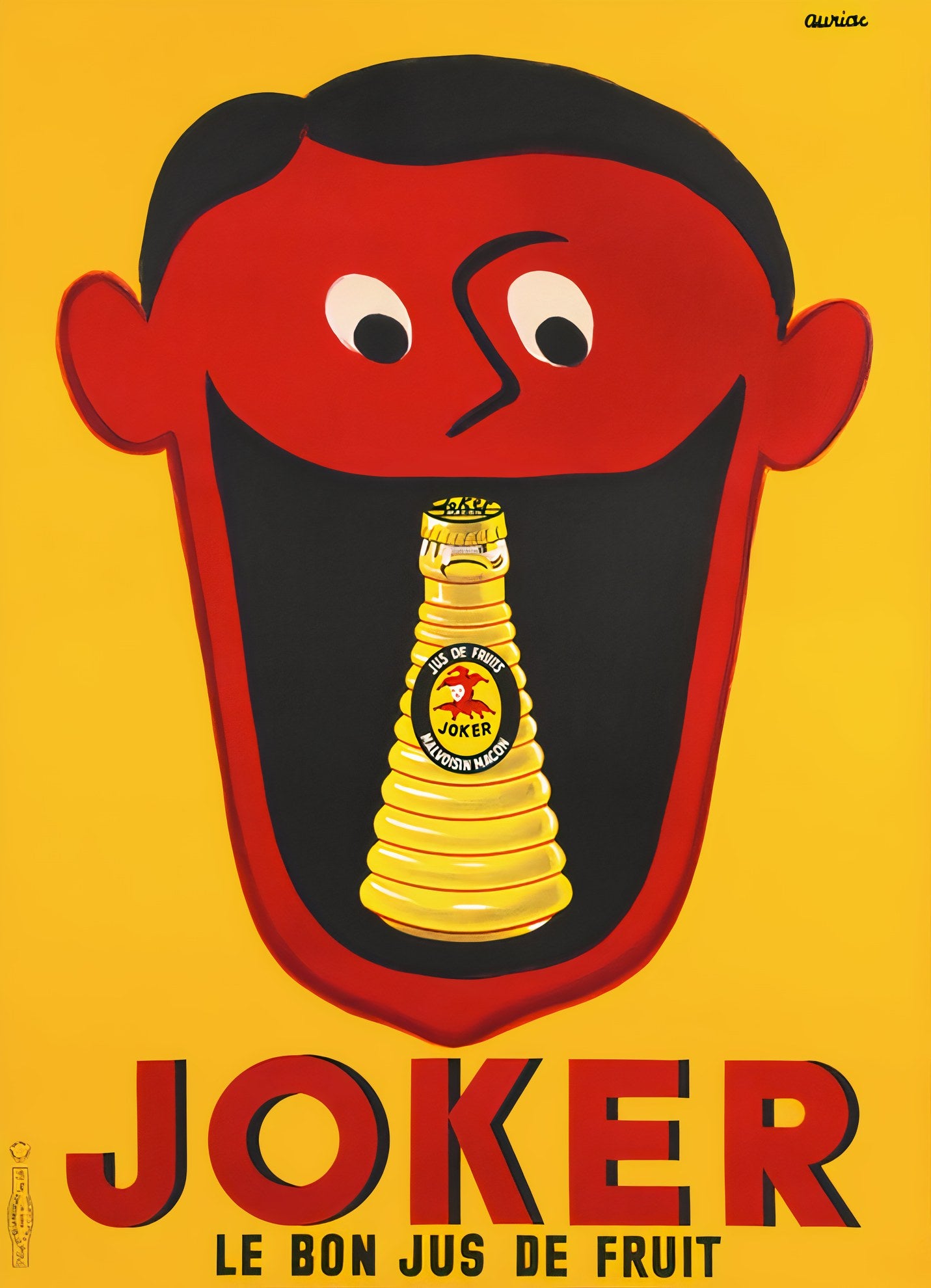 1948 Joker fruit juice poster showing cartoon mascot with open mouth, yellow background, red lettering, Jacques Auriac