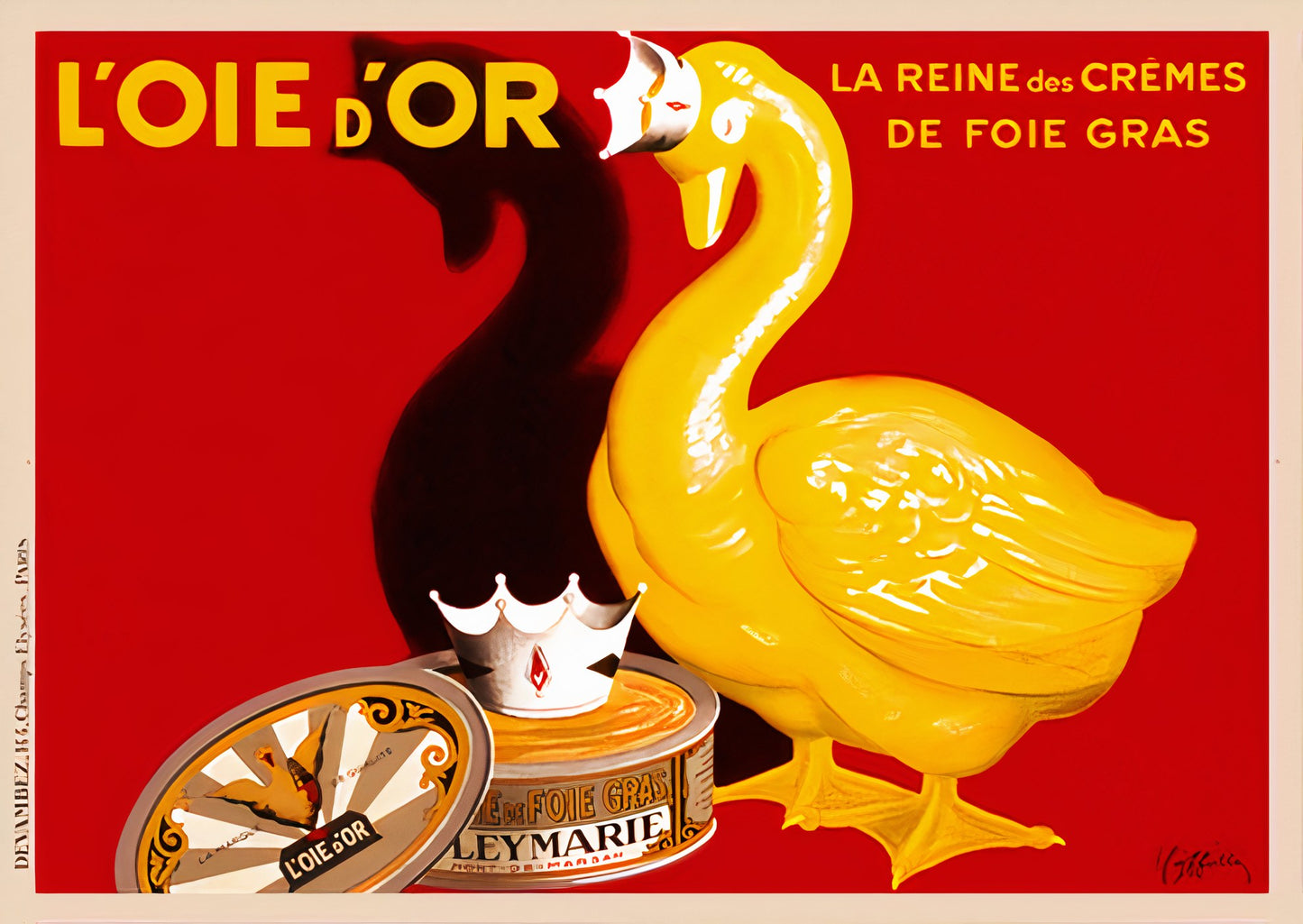 1933 L'Oie d'Or foie gras poster showing golden crowned goose on red background, French food advertising, Leonetto Cappiello