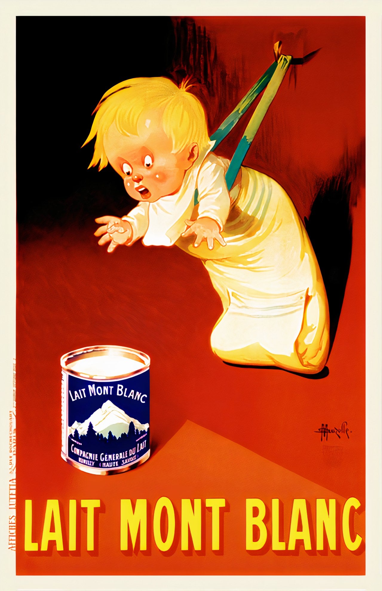 1926 French milk poster showing baby in white reaching for Lait Mont Blanc can, red and yellow palette, Marcellin Auzolle