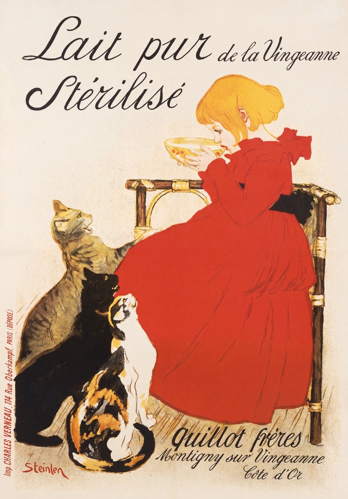 1894 Lait Pur de la Vingeanne French milk poster showing girl in red with cats, Théophile Steinlen