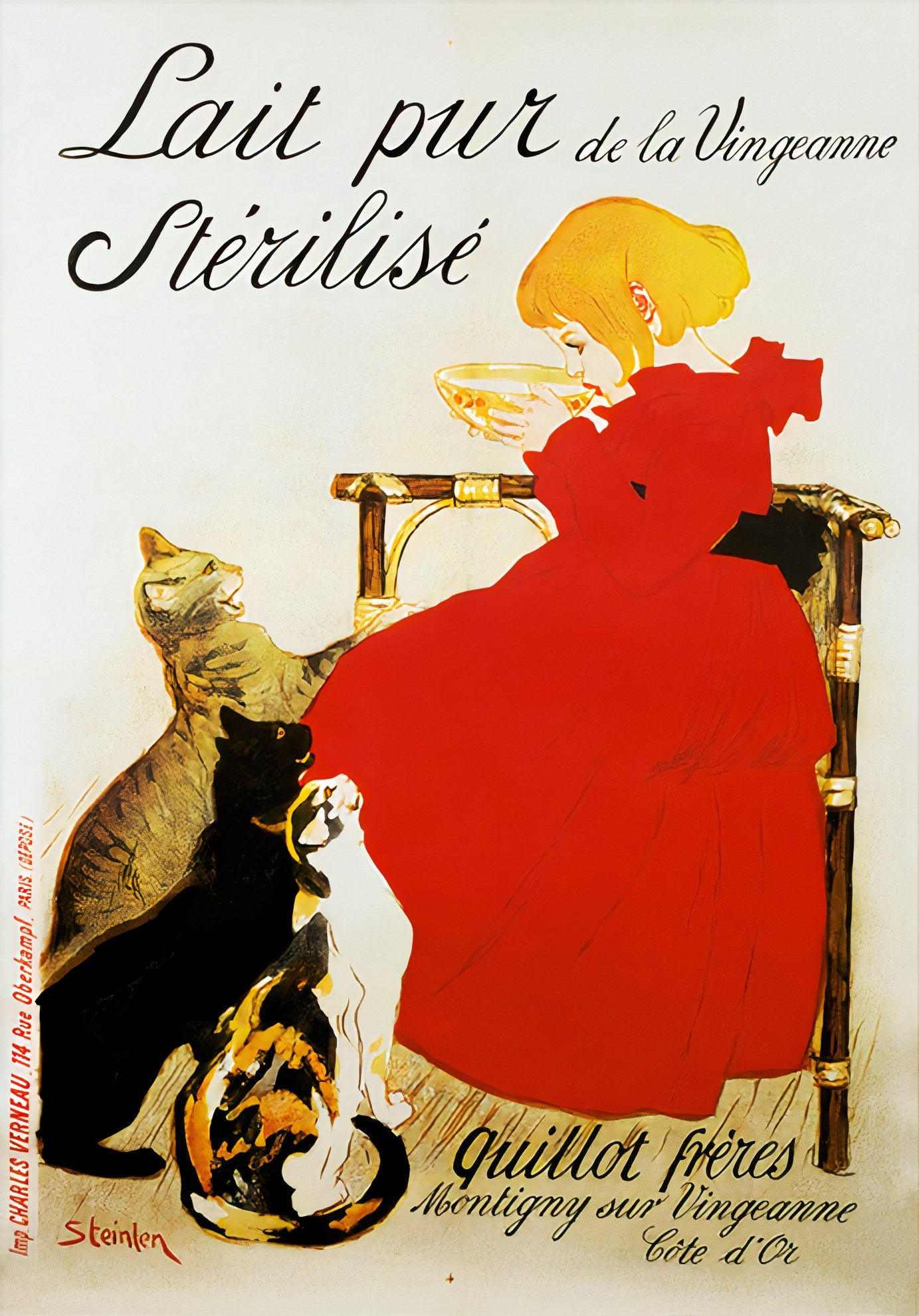 1894 French milk poster showing girl in red dress drinking from bowl with three cats, cream and red palette, Steinlen