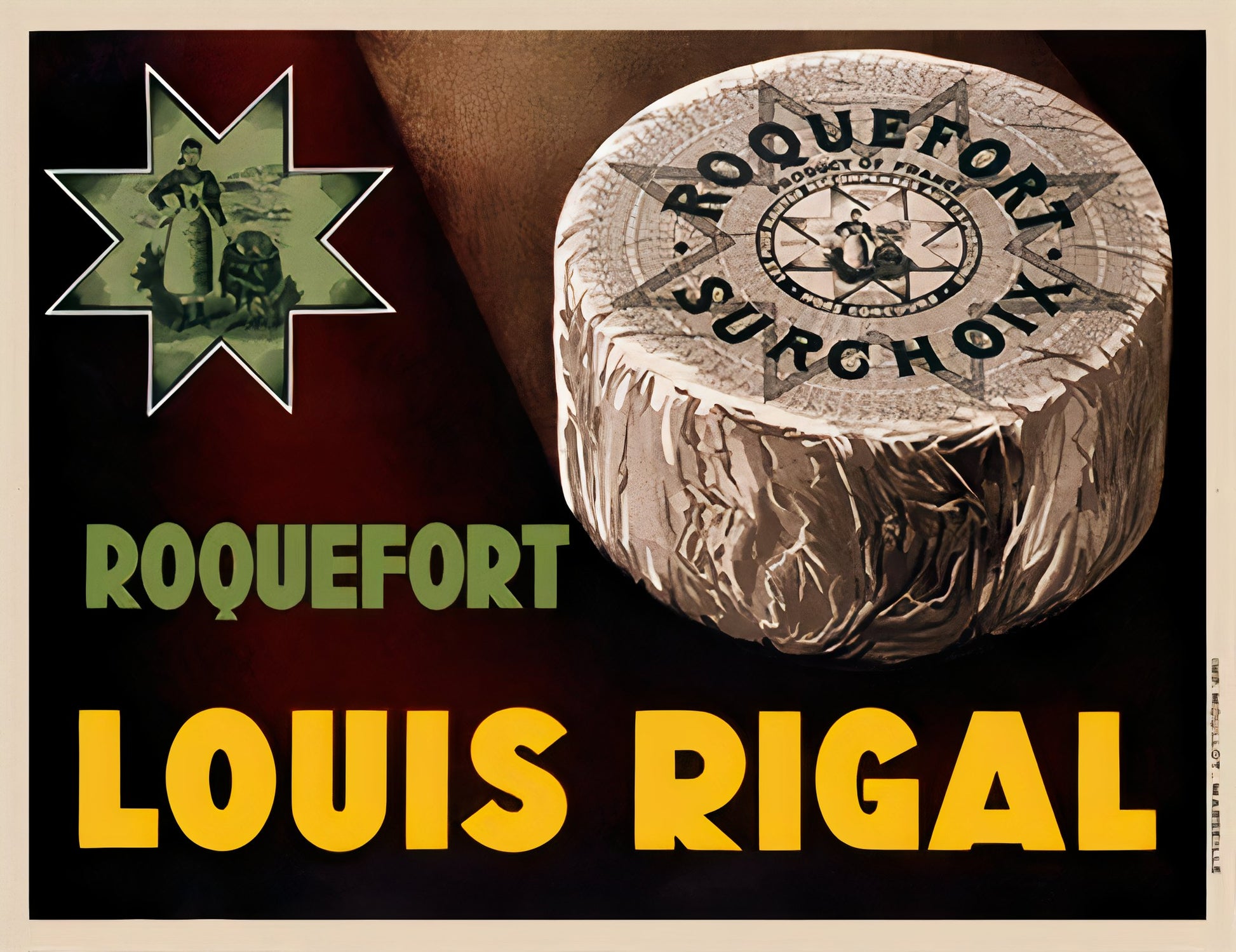 1930s French Roquefort cheese poster showing foil-wrapped wheel against brown background, woman and child inset, Art Deco style