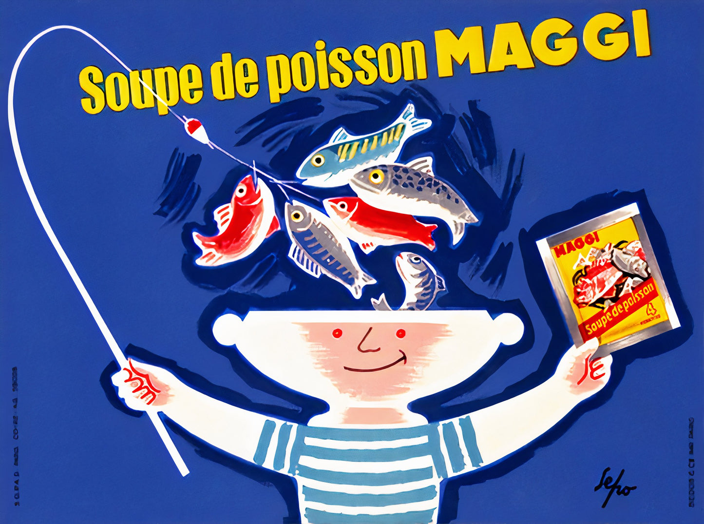 1952 Maggi fish soup poster showing cartoon boy with fishing rod and jumping fish, bright blue background, Sepo