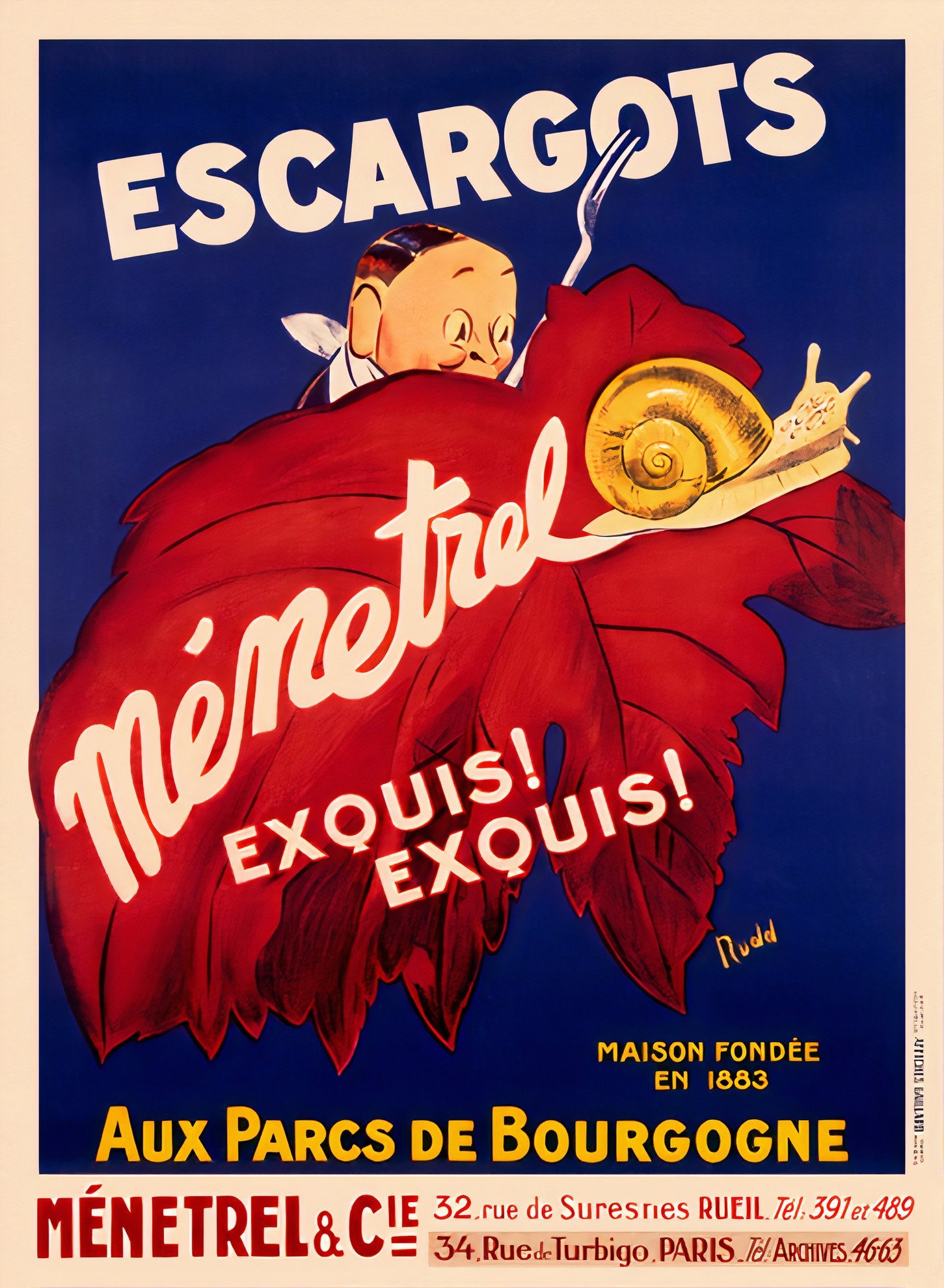 1920s French food poster showing cartoon waiter and golden snail on red leaf, deep blue background, Art Deco lettering