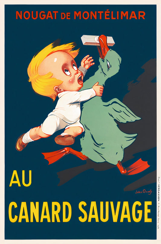 1930s French nougat poster showing child chasing green duck holding candy, teal blue background, John Onwy