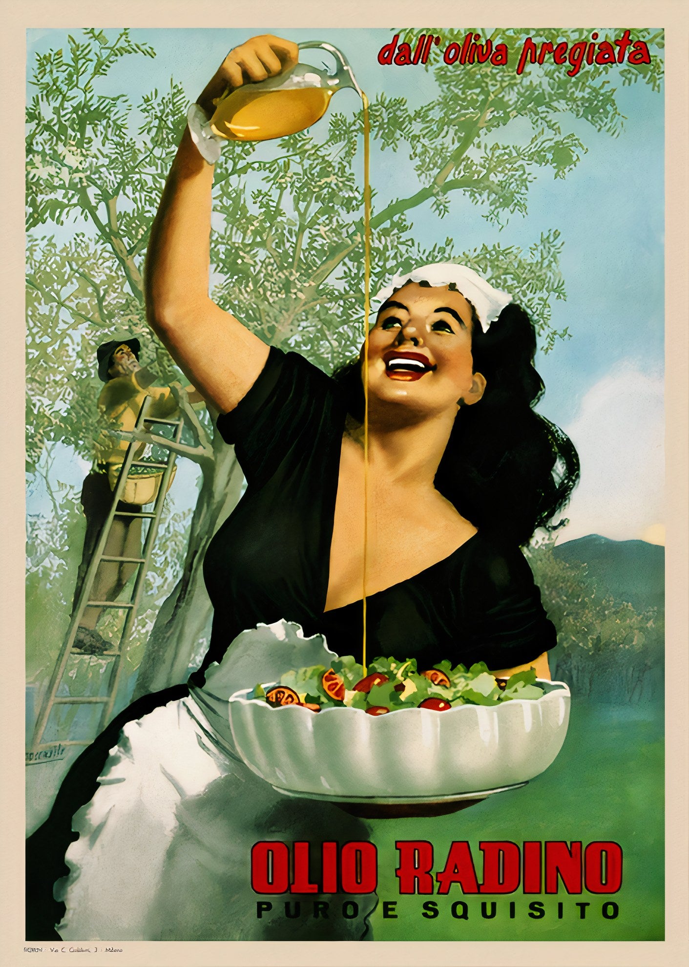 1948 Italian Olio Radino olive oil advertising poster showing woman pouring oil over salad, countryside background, Gino Boccasile