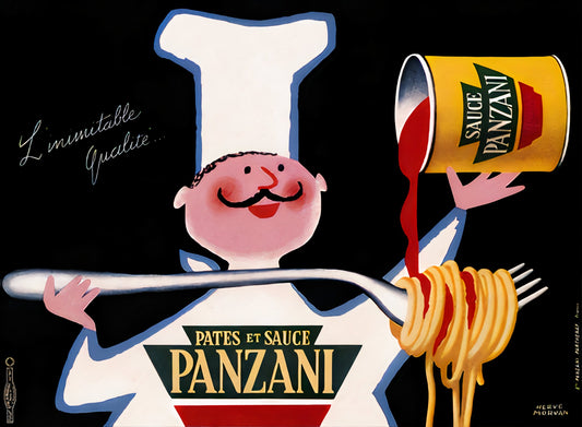 1950 Panzani pasta poster showing chef with fork twirling spaghetti, red sauce, yellow can, black background, Herve Morvan