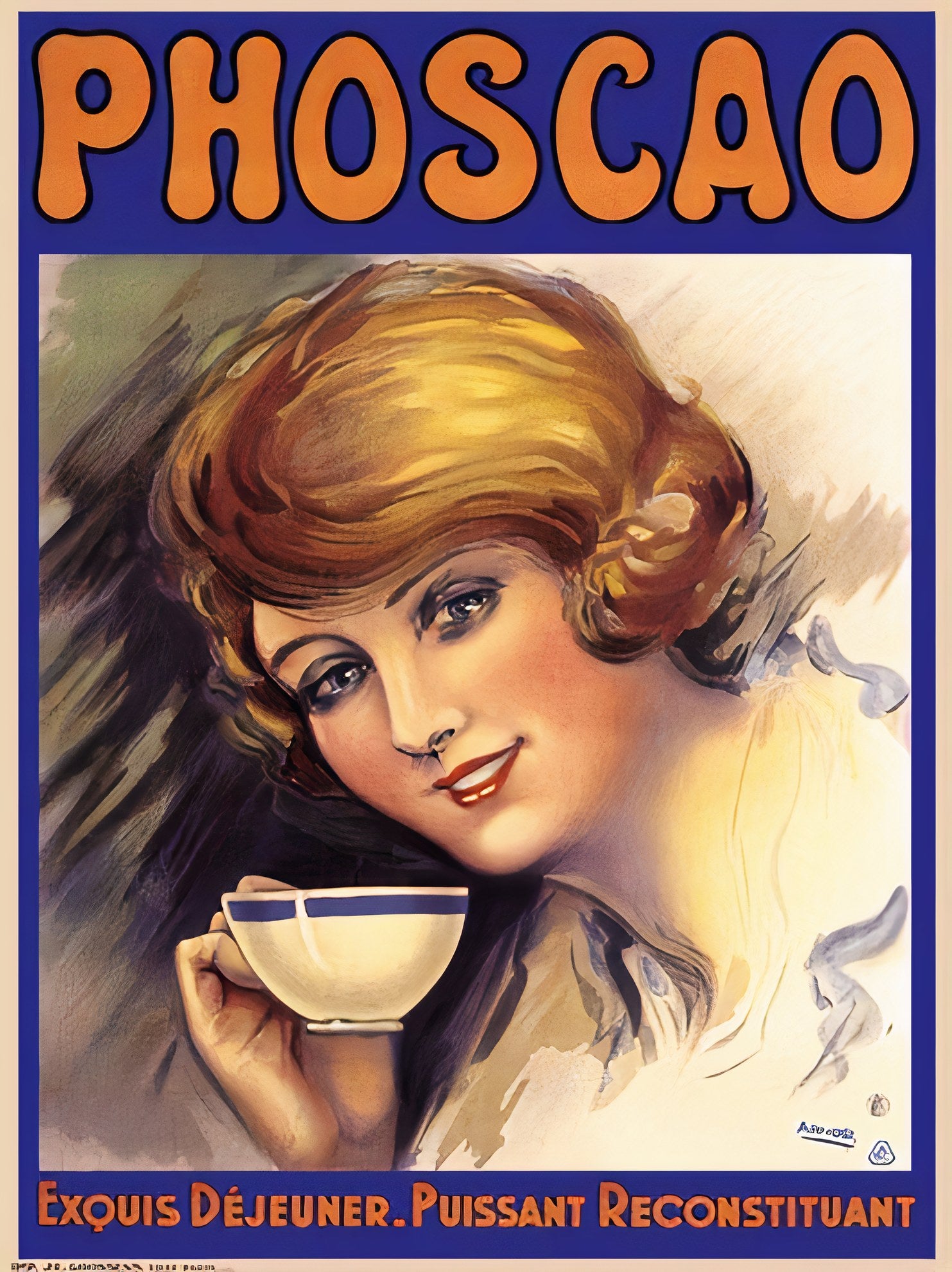 1930s Phoscao cocoa poster showing elegant woman with blonde hair holding white teacup, Art Deco styling | Vintage Poster Archives