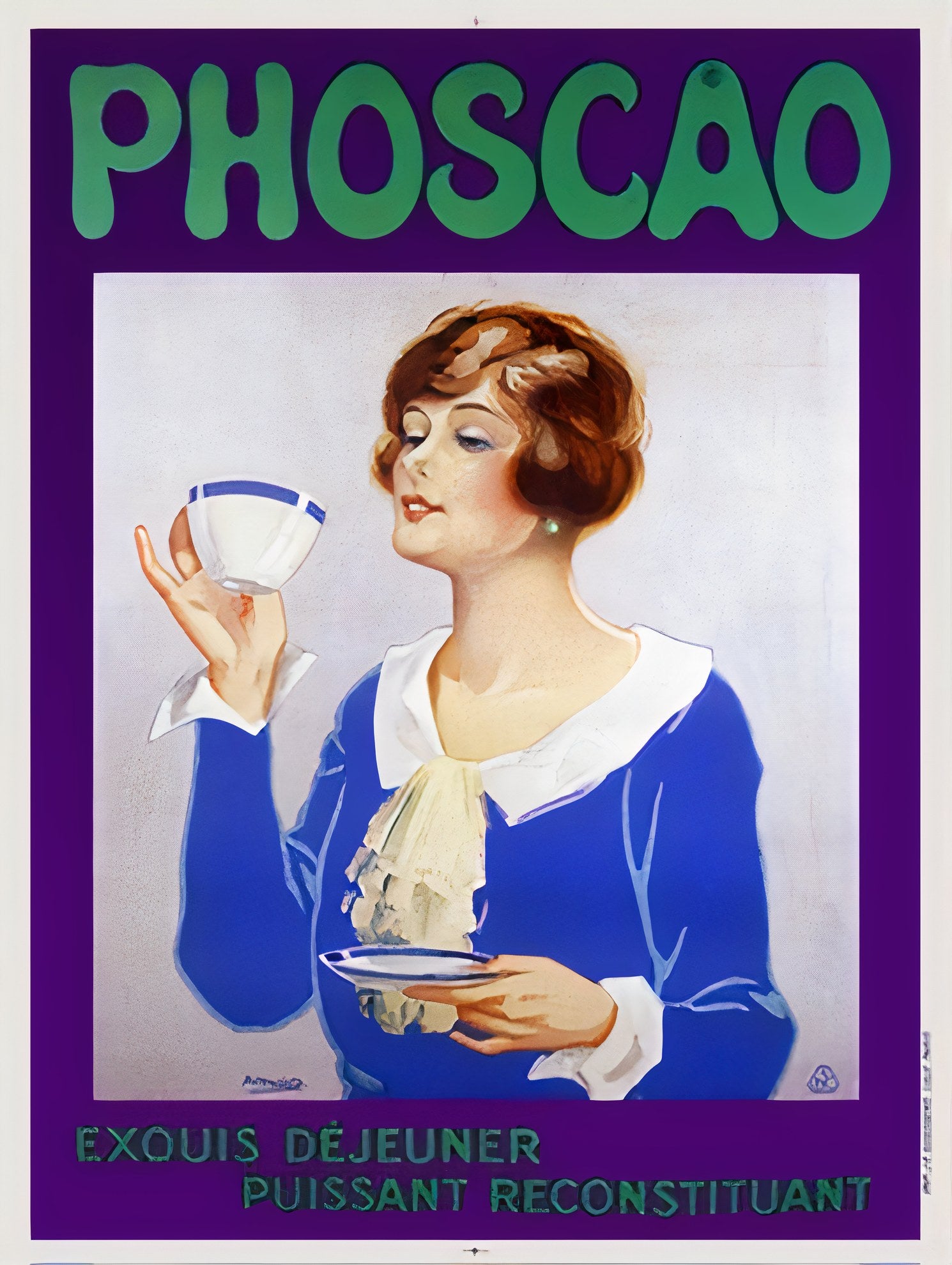 1932 Phoscao chocolate drink poster showing woman in blue dress holding cup against purple background, Arnold