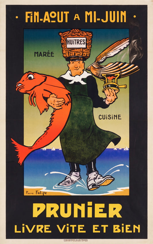 1928 French Prunier seafood poster showing delivery man with oyster basket, red fish and steaming clam, Pierre Falize | The Vintage Poster Archives