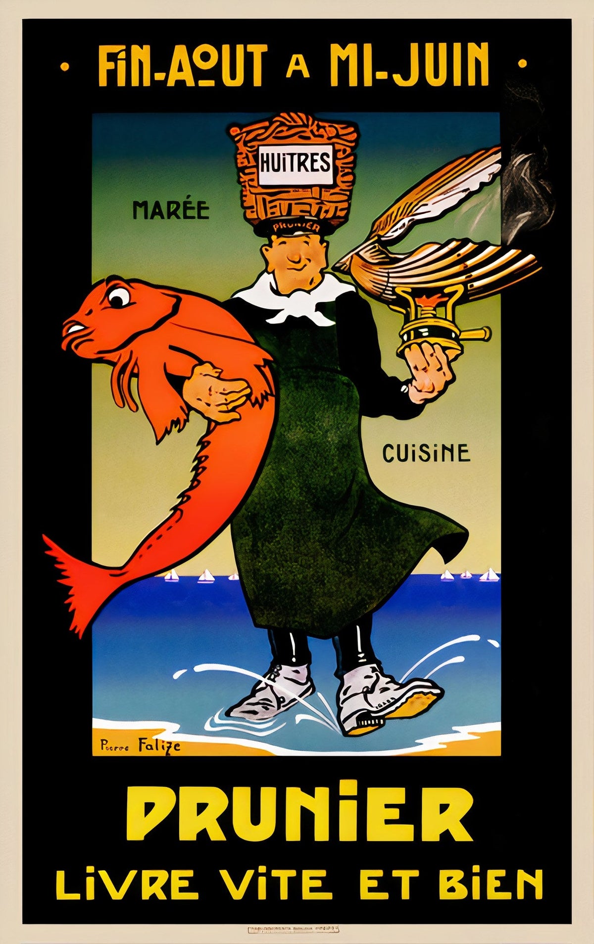 1920s Prunier restaurant poster showing chef emerging from ocean with fish and oysters, vibrant yellow red blue palette, Pierre Falizé