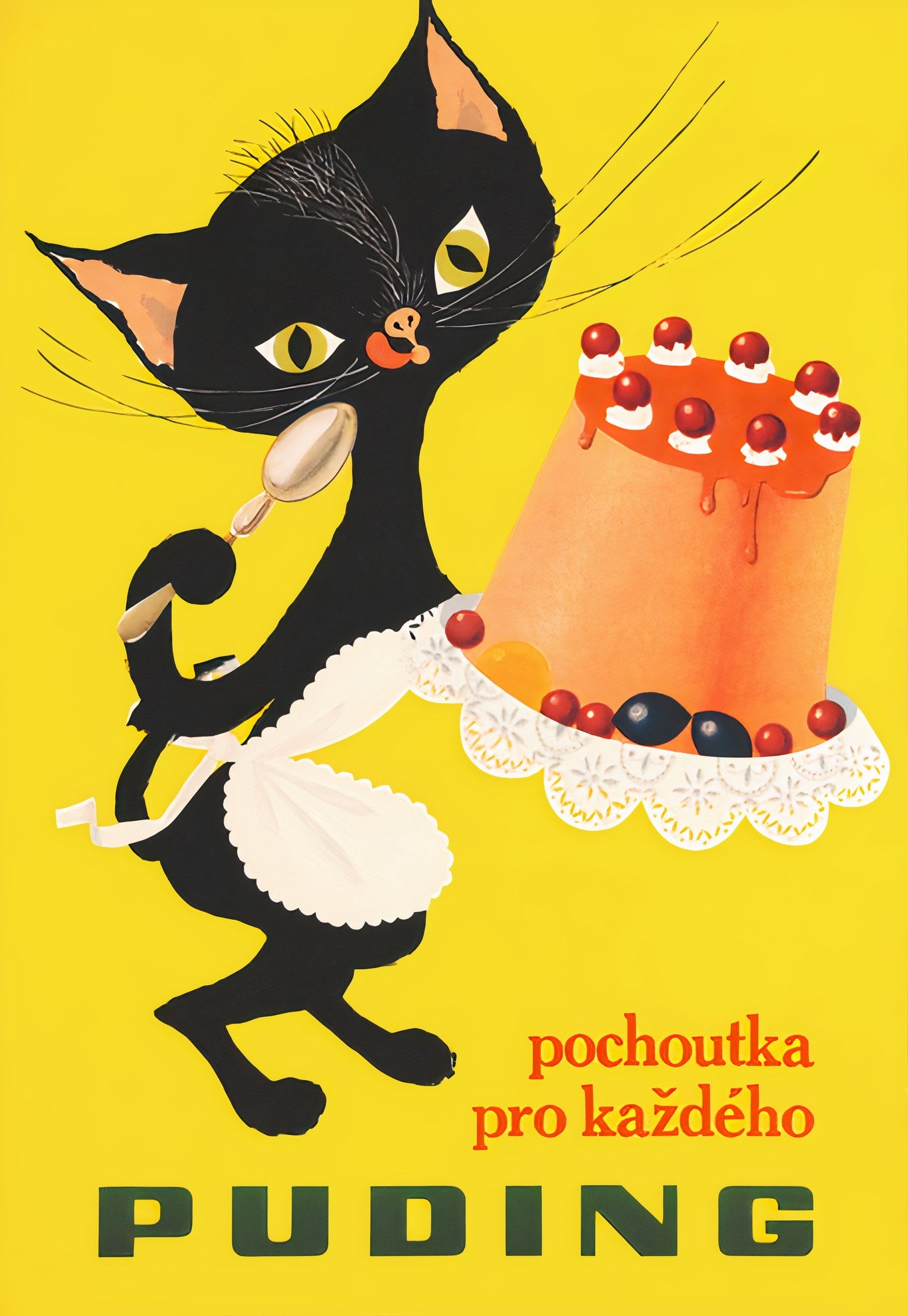 1948 Czech food poster showing black cat chef with spoon and pudding, bright yellow background with red text Puding