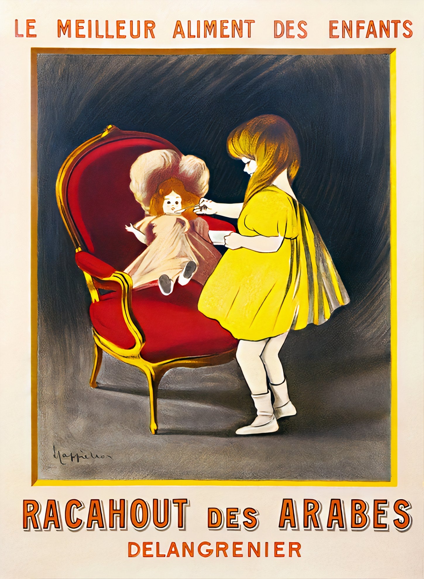 1910s French food poster showing girl in yellow dress feeding doll, red velvet chair, Cappiello | The Vintage Poster Archives