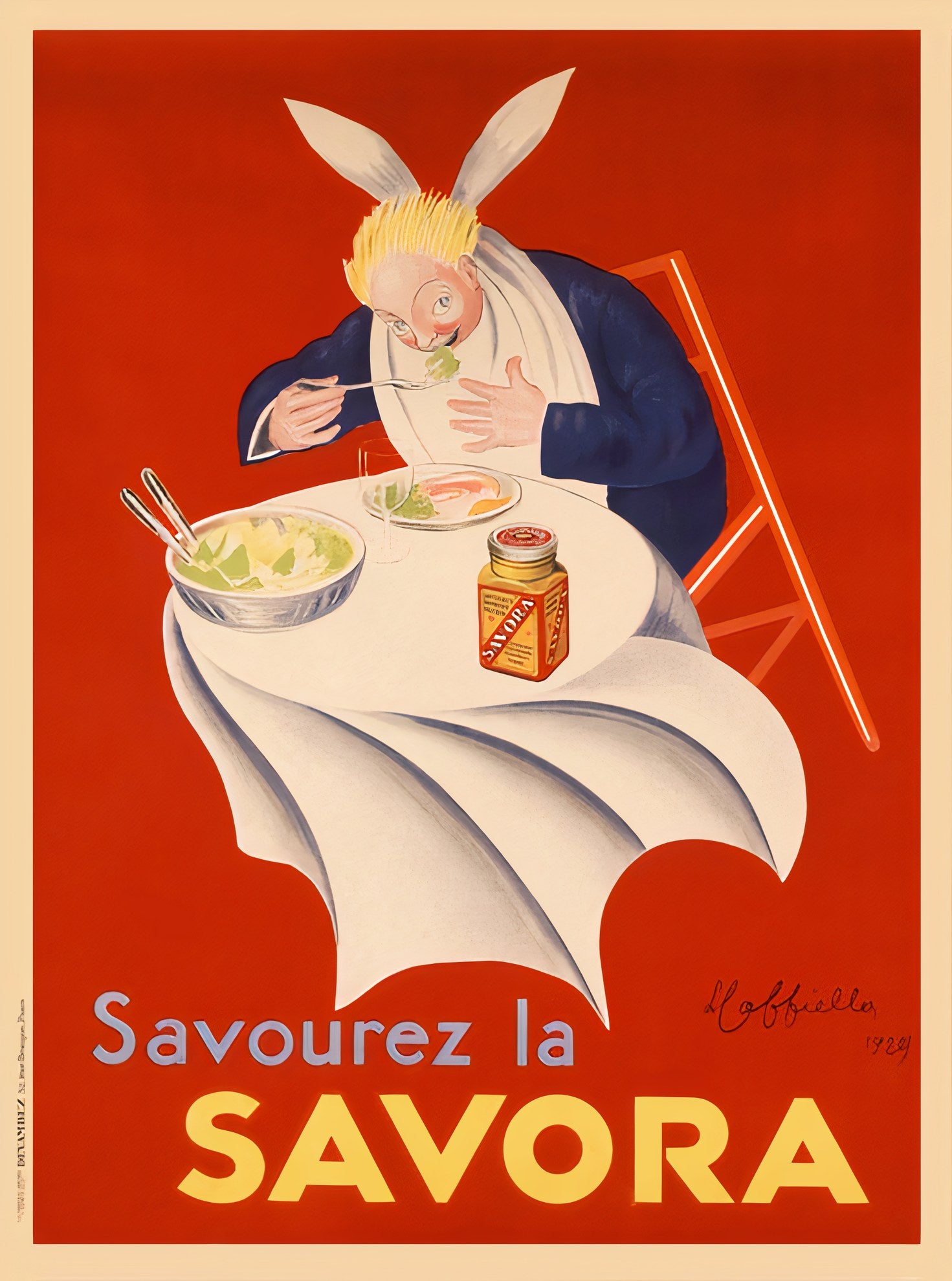 1929 Savora mustard poster showing whimsical rabbit-eared character at dining table, red background, Leonetto Cappiello