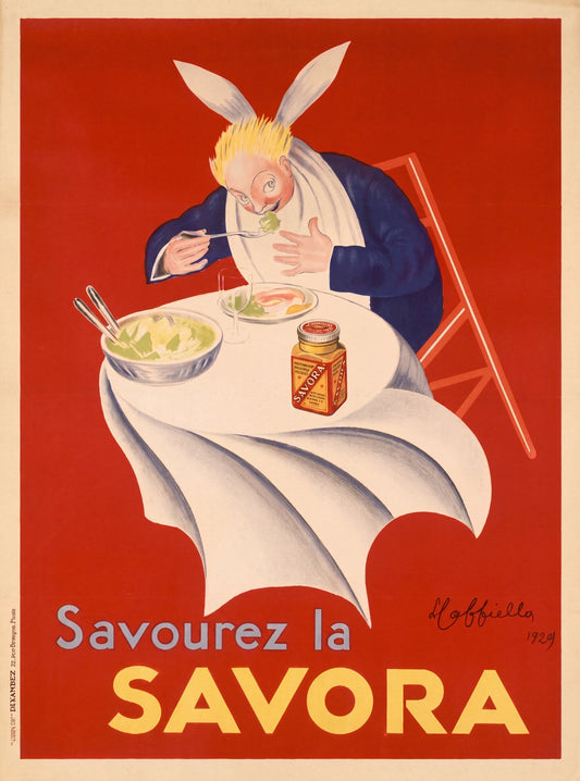1929 Savora mustard food advertising poster showing rabbit diner at table, Leonetto Cappiello
