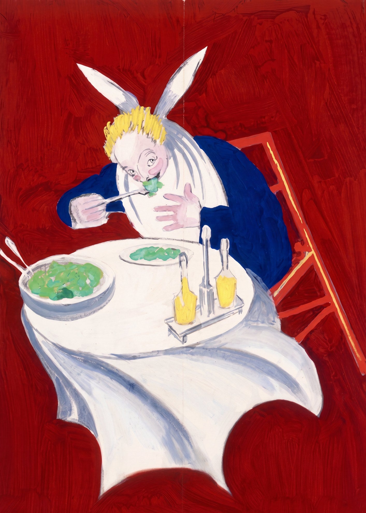 1929 Savora French mustard advertising poster by Cappiello, rabbit figure dining at white-draped table, cadmium red ground | The Vintage Poster Archives